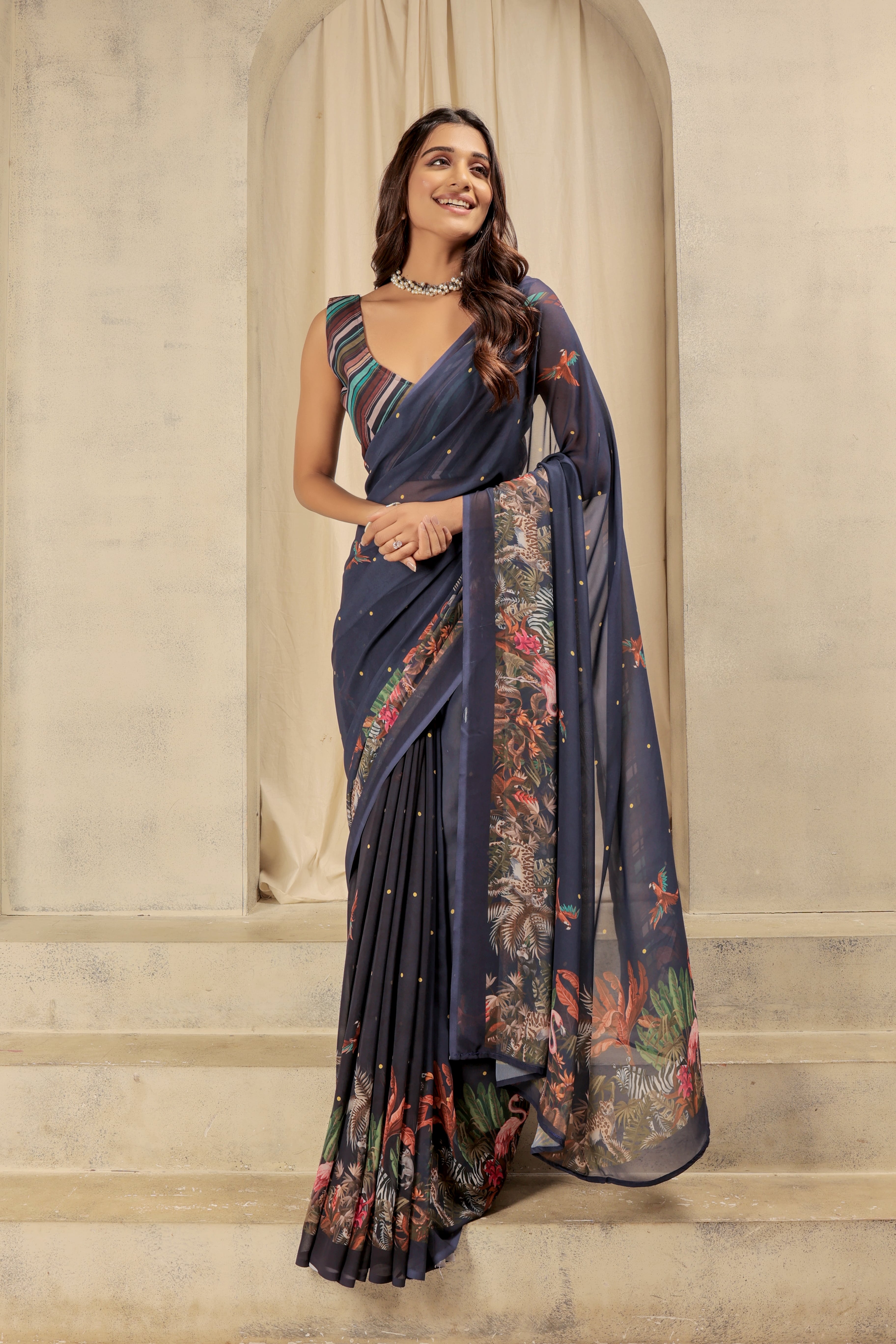 Navy Blue Georgette Designer Printed Graceful Ethnic Saree