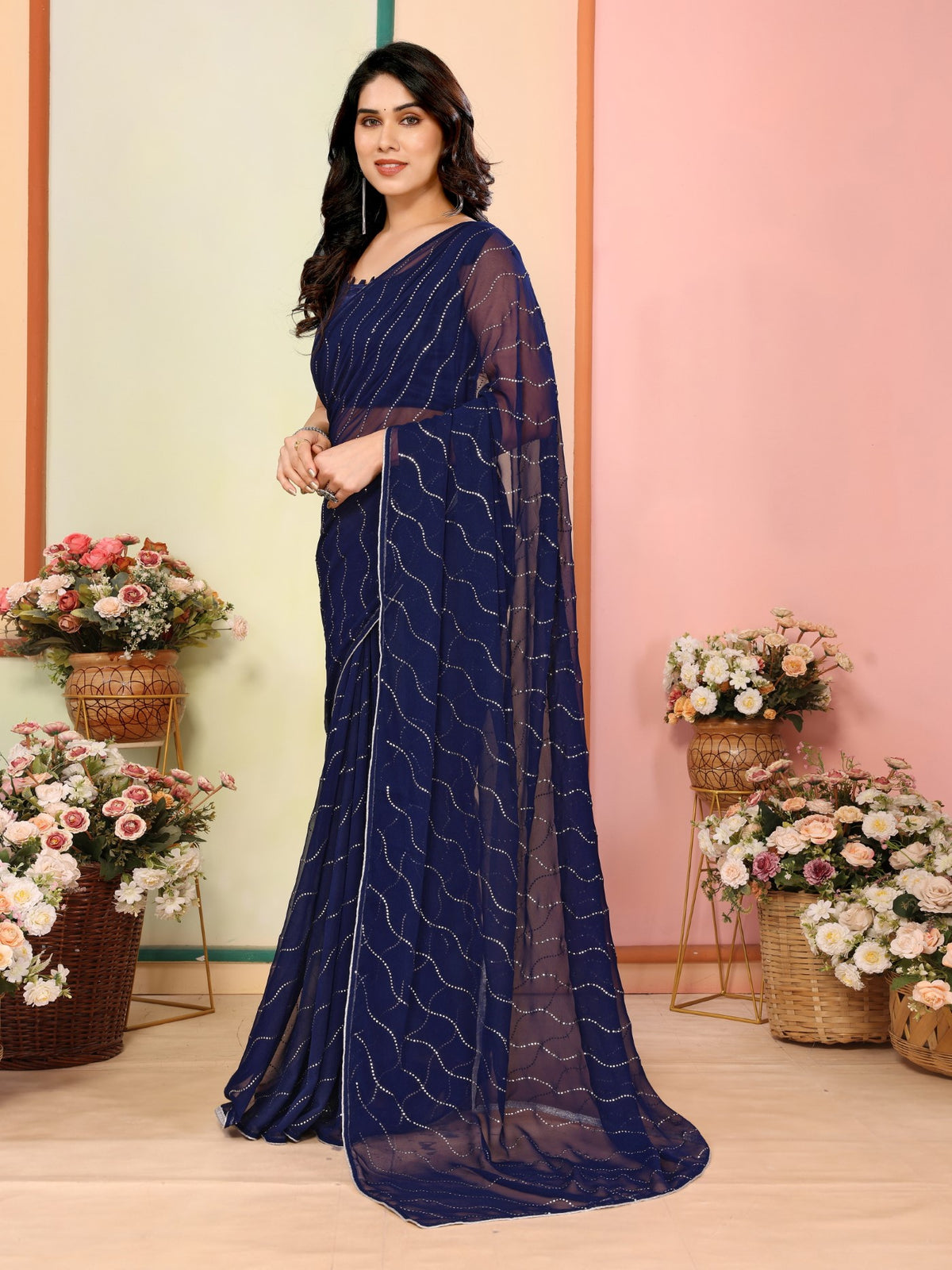 Navy Blue Georgette Saree With Mukesh Work Saree