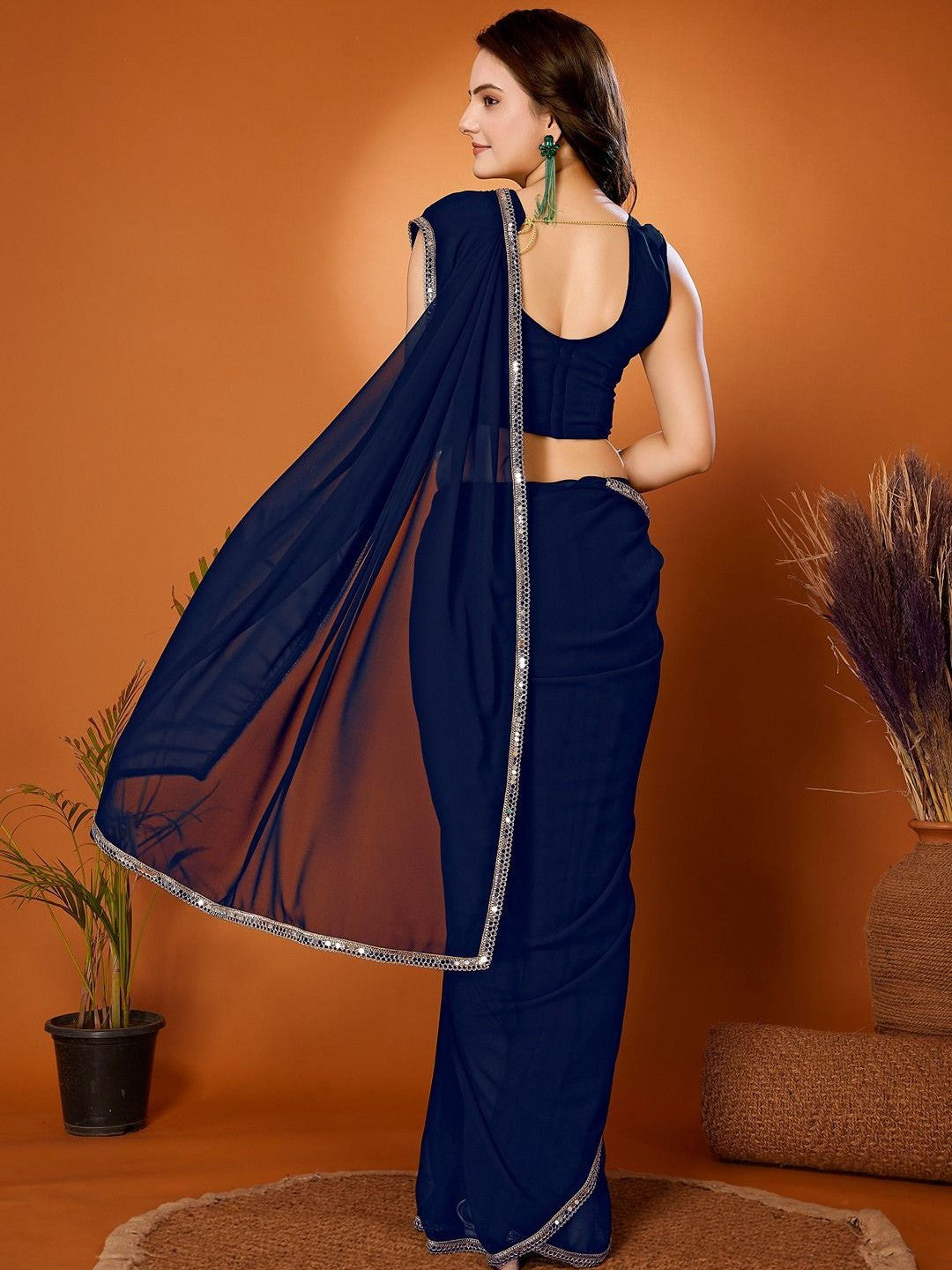 Navy Blue Georgette Saree with Mirror Border