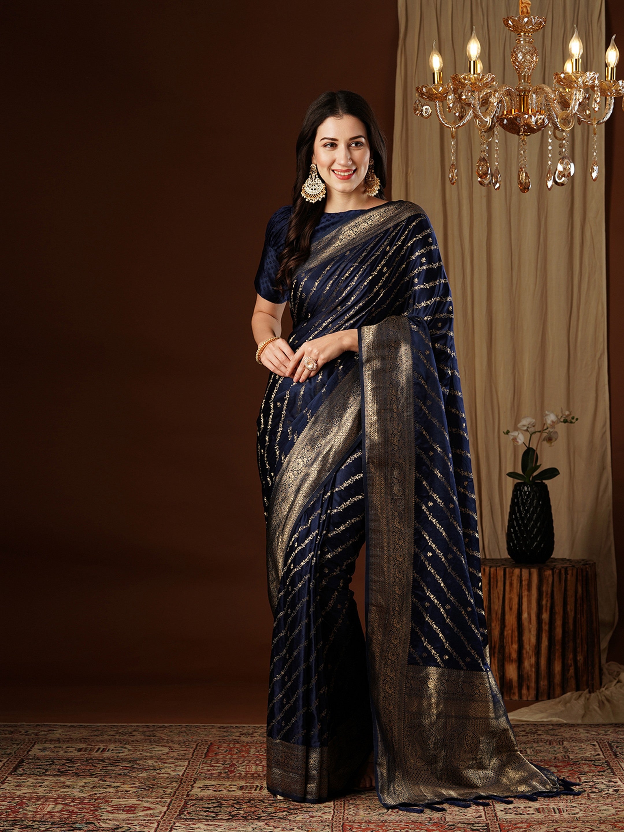Navy Blue Glamorous Jacquard Designer Satin Silk Saree
