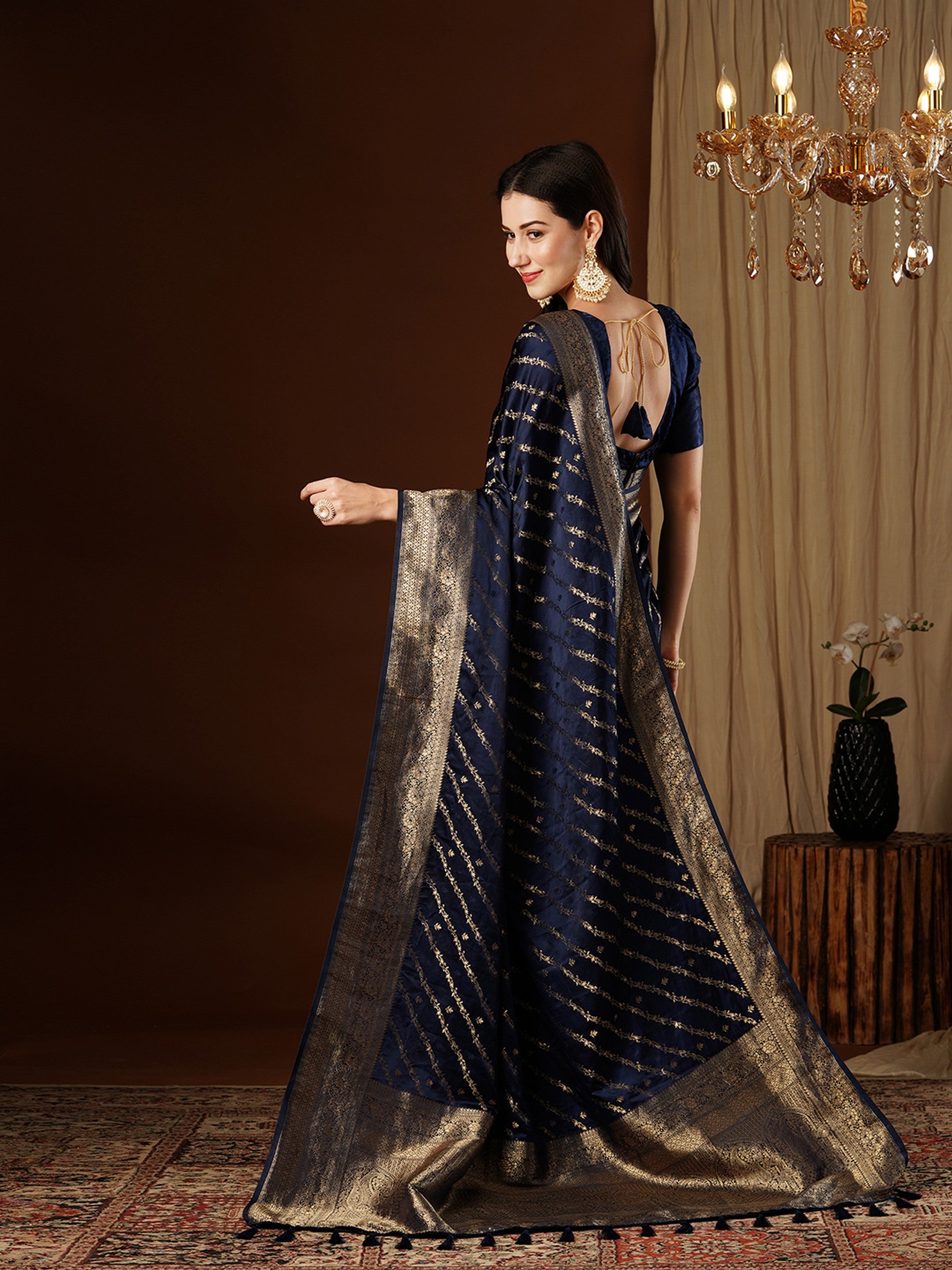 Navy Blue Glamorous Jacquard Designer Satin Silk Saree