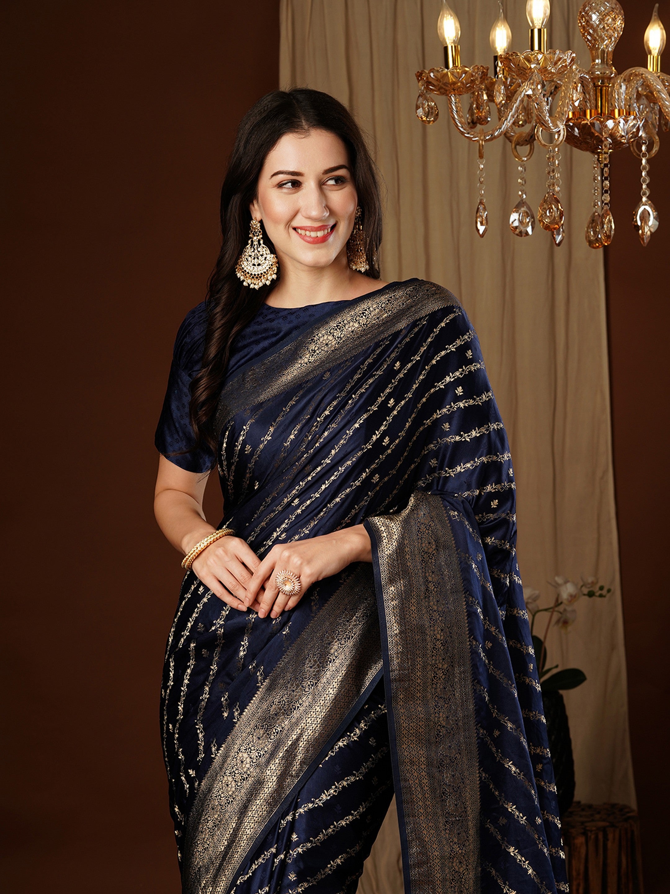 Navy Blue Glamorous Jacquard Designer Satin Silk Saree