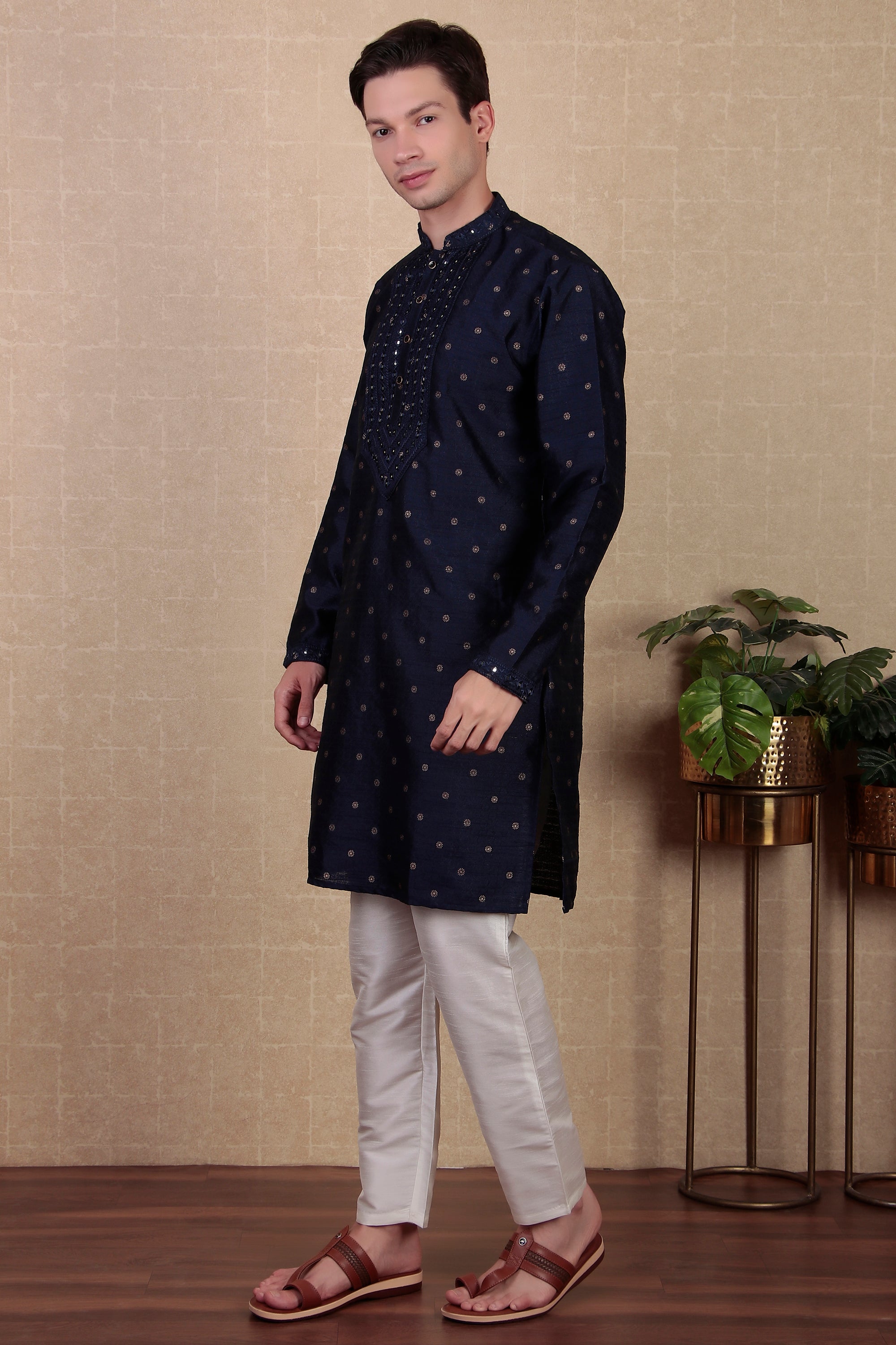 Navy Blue Jacquard Silk Kurta Payjama – Rich Evening Attire