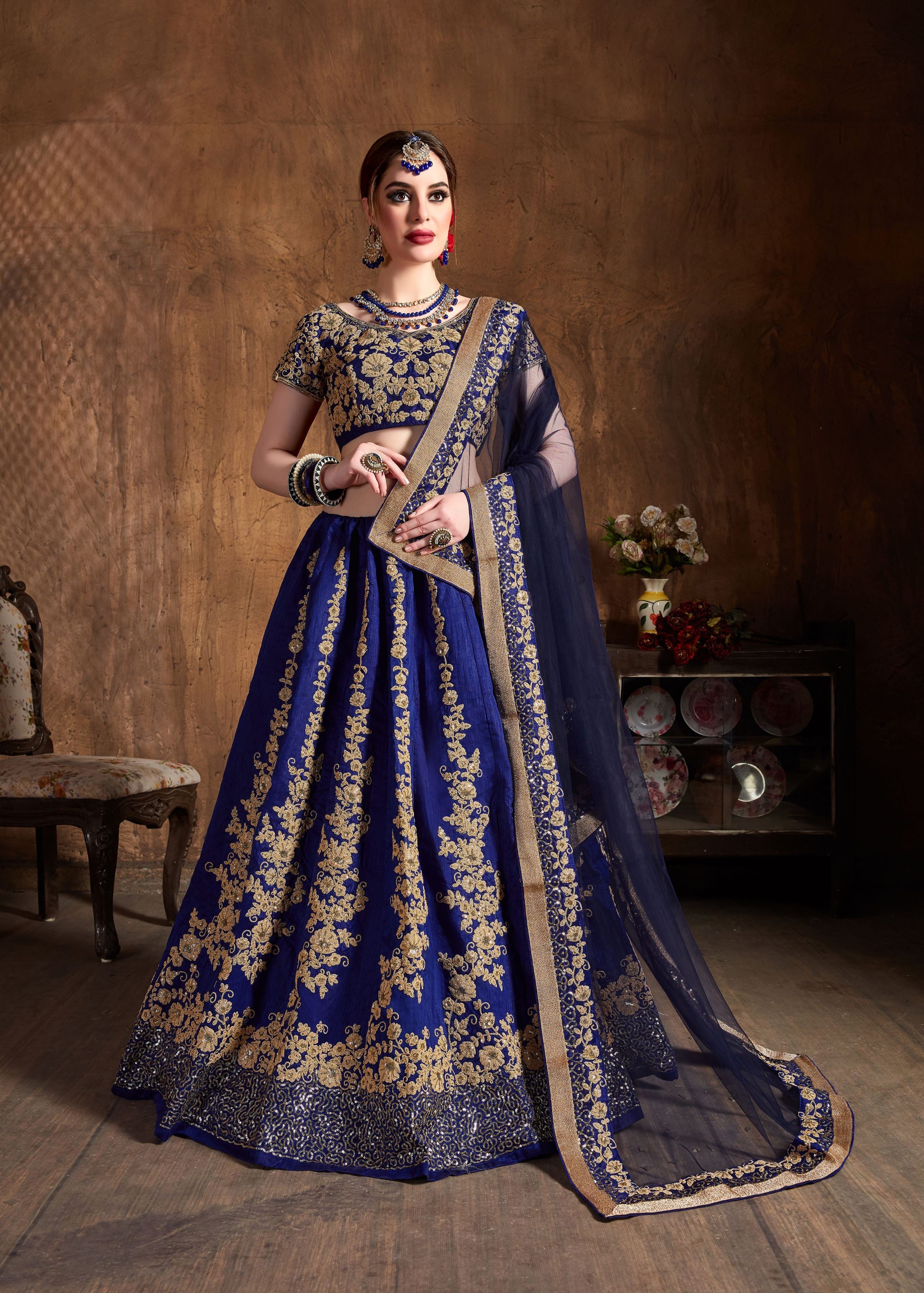 Navy Blue Lehenga Choli With Dori And Sequins Embroidery