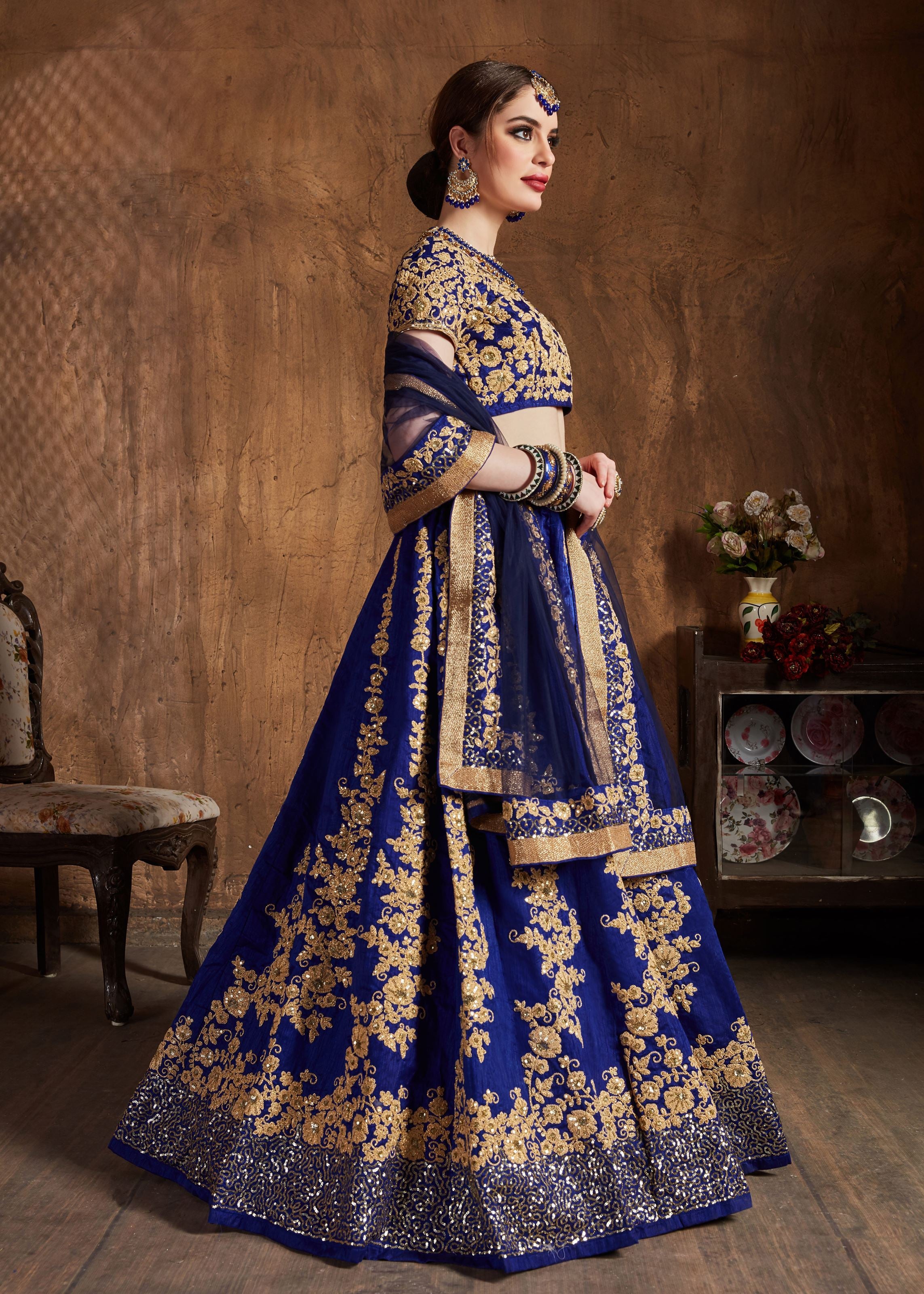 Navy Blue Lehenga Choli With Dori And Sequins Embroidery