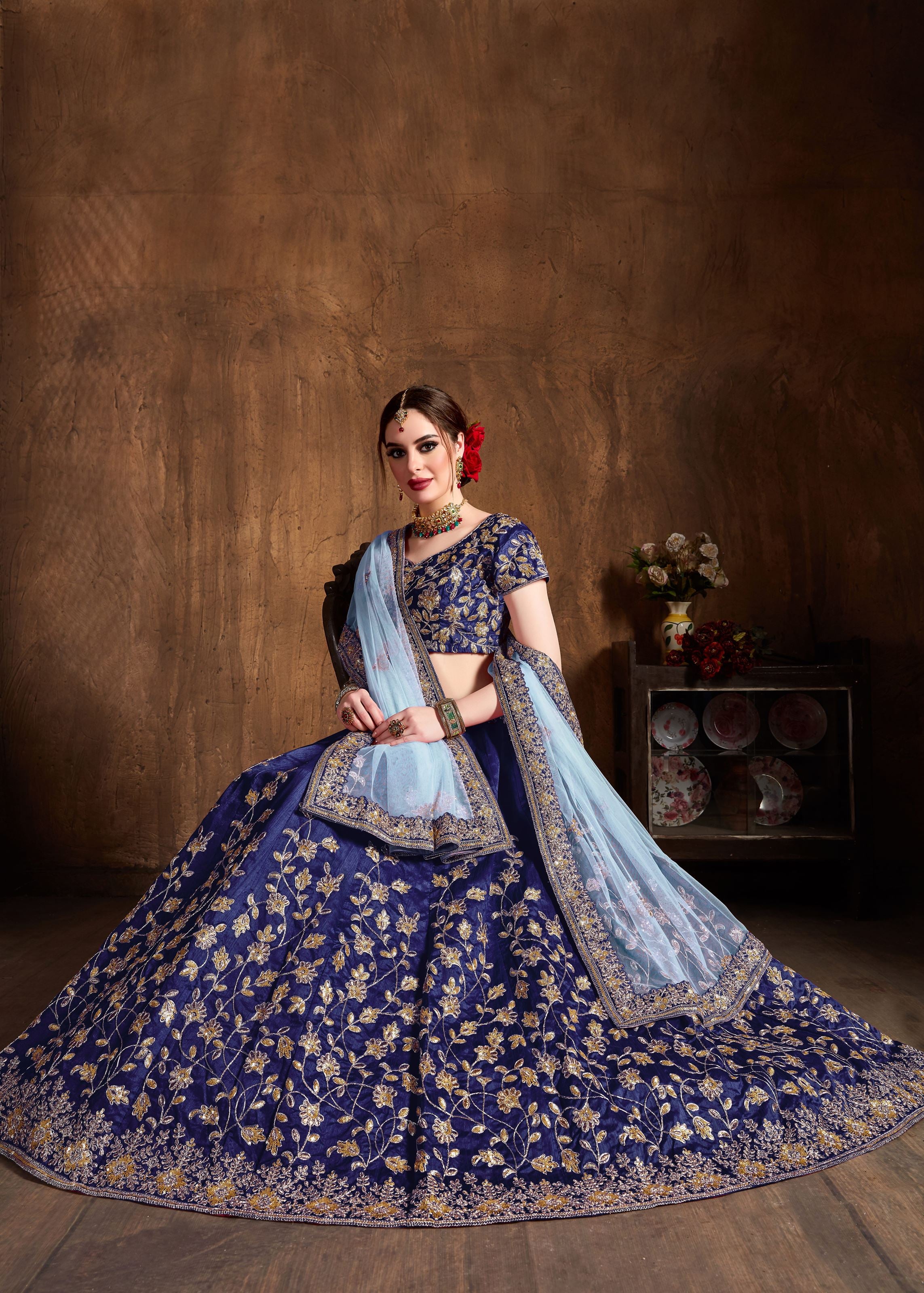 Navy Blue Lehenga Choli With Dori, Badla And Sequins Embroidery
