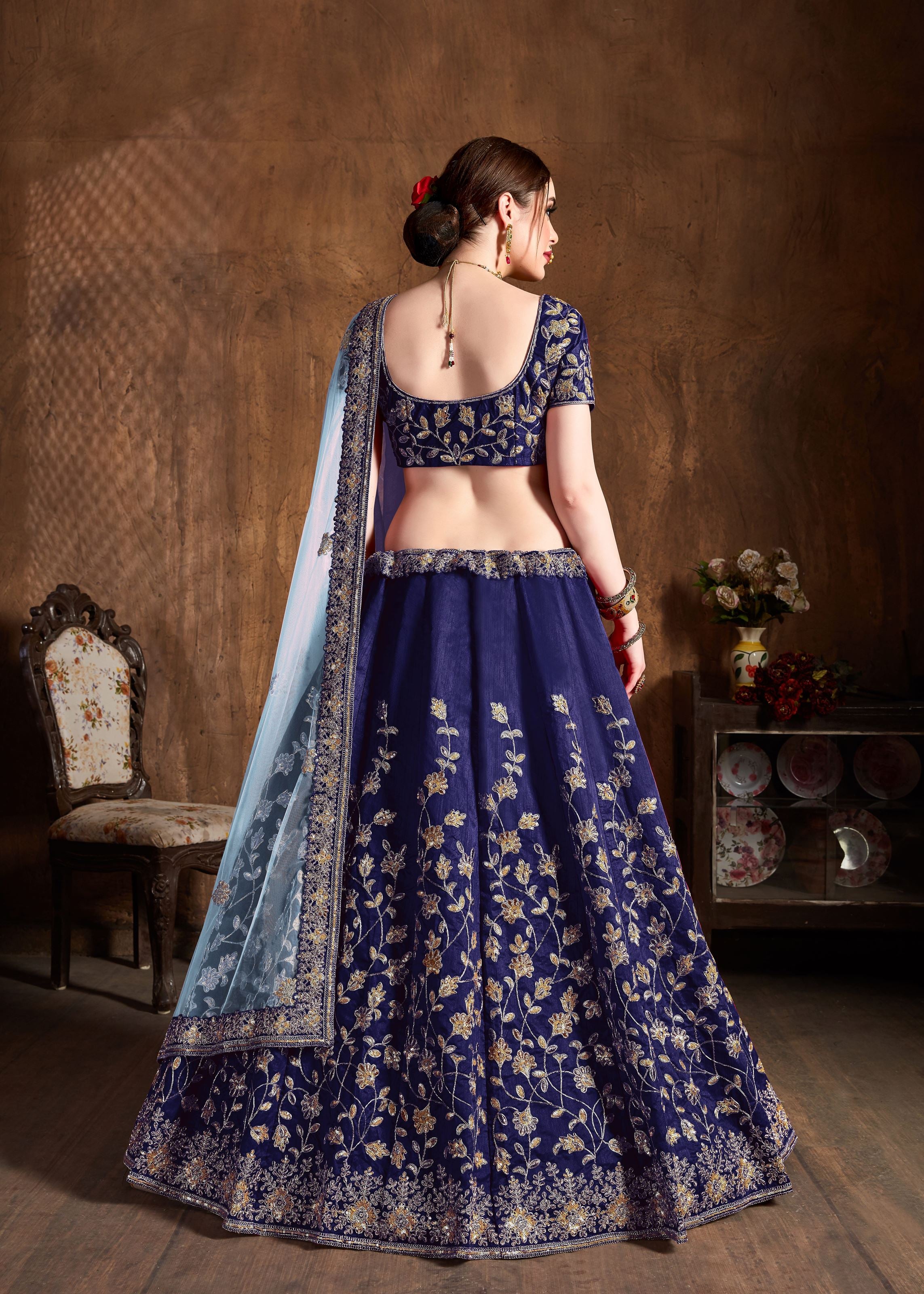 Navy Blue Lehenga Choli With Dori, Badla And Sequins Embroidery