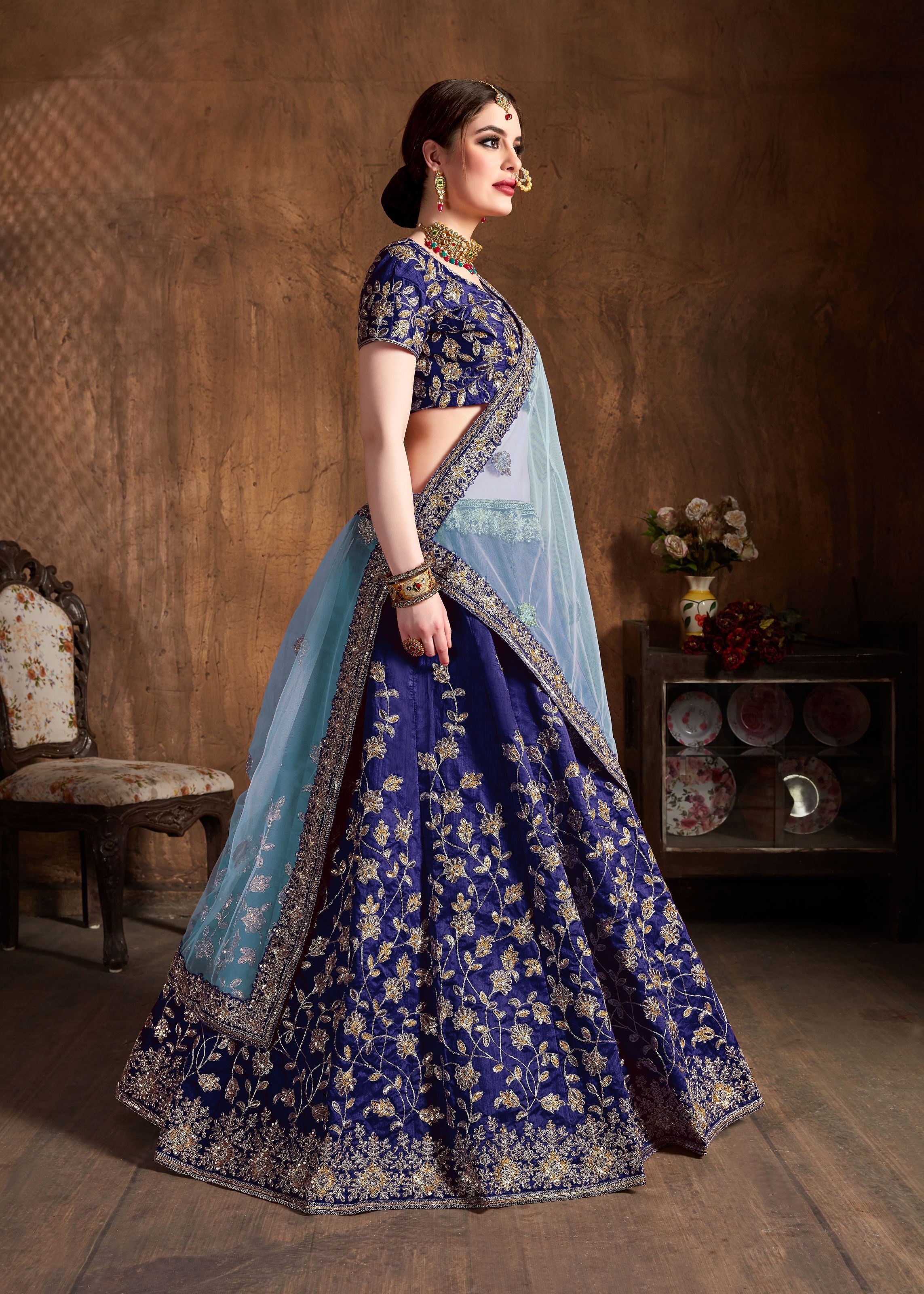 Navy Blue Lehenga Choli With Dori, Badla And Sequins Embroidery
