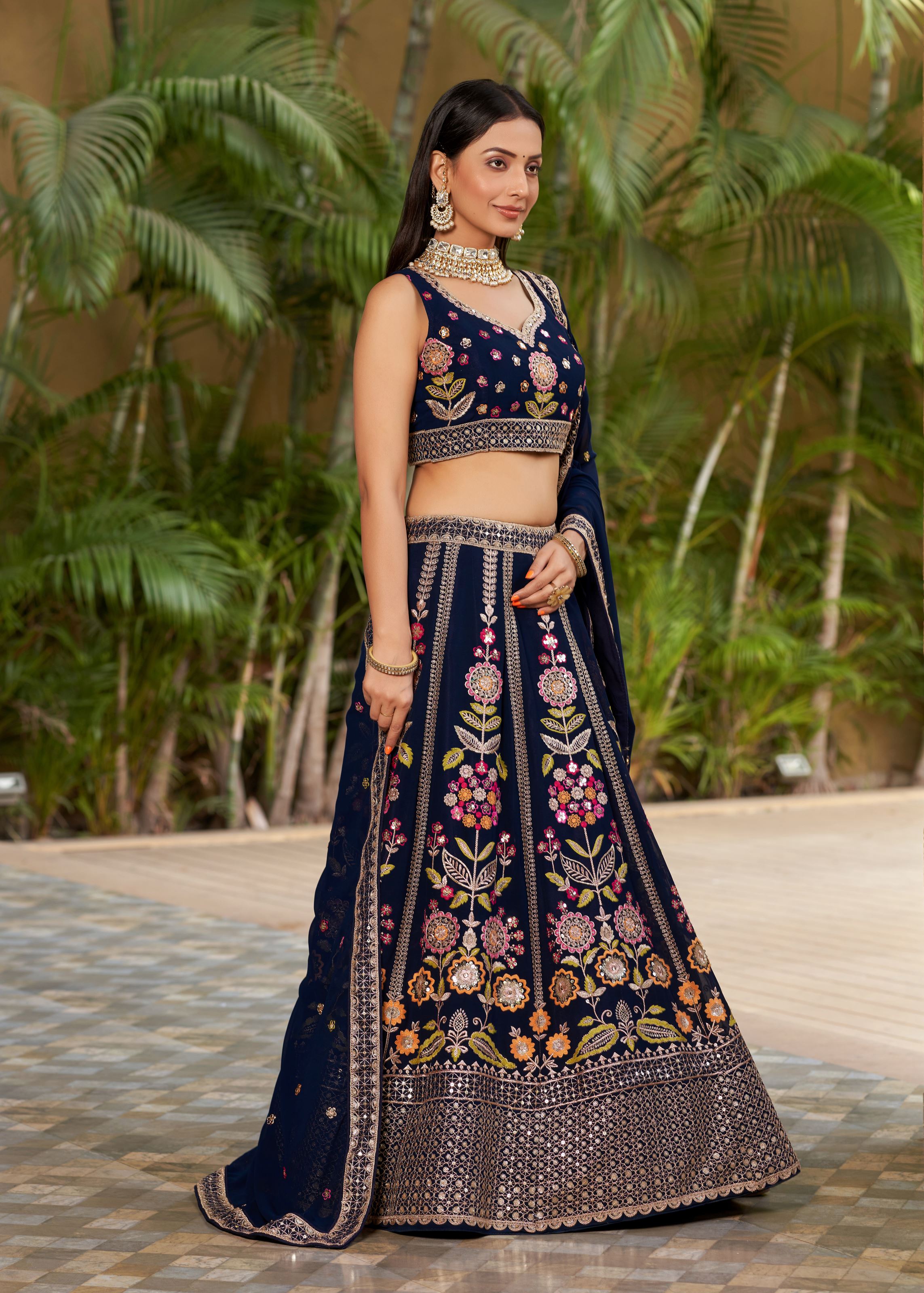 Navy Blue Lehenga Choli With Sequins, Zari, Dori And Multi Color Thread Embroidery Work