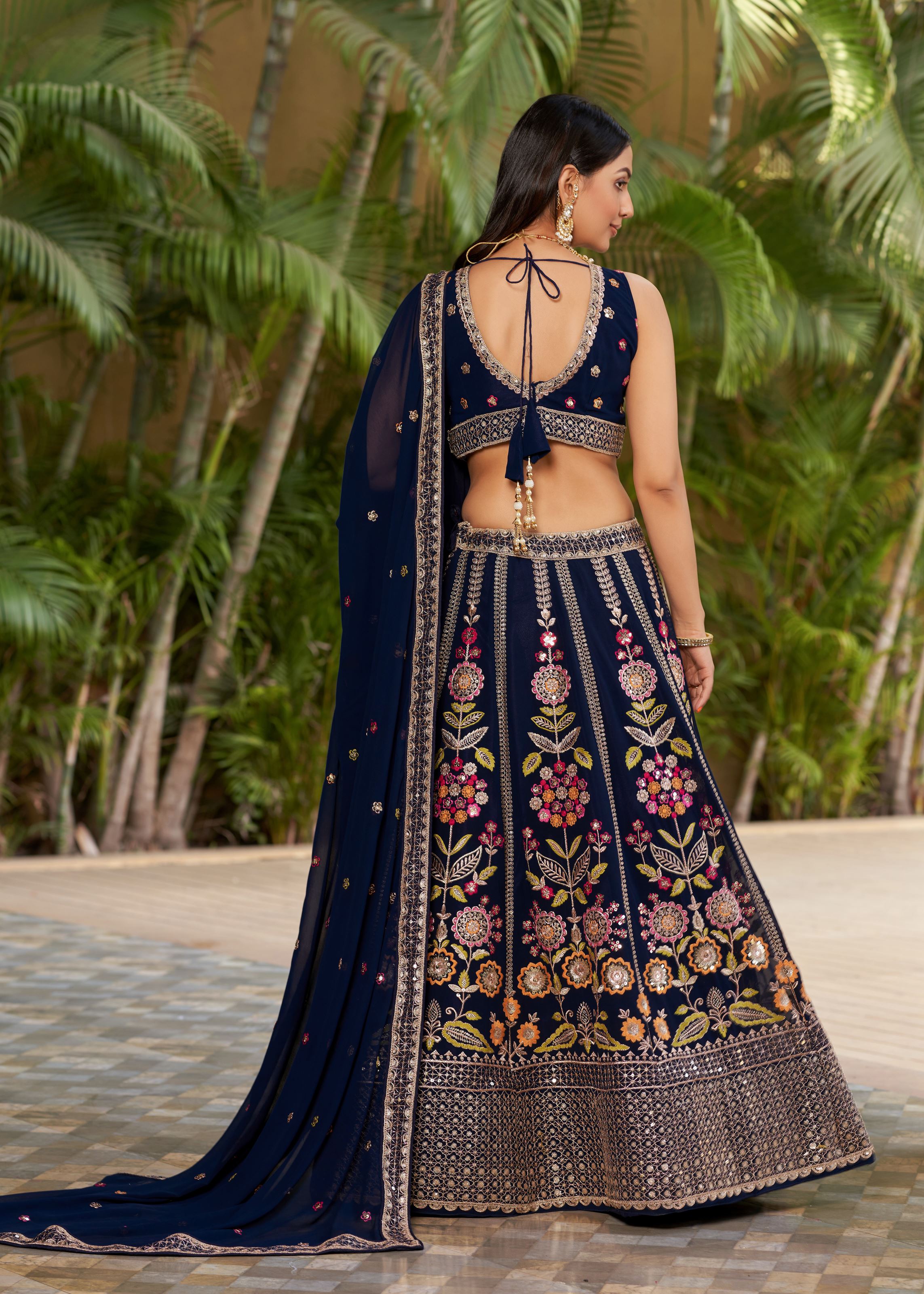 Navy Blue Lehenga Choli With Sequins, Zari, Dori And Multi Color Thread Embroidery Work