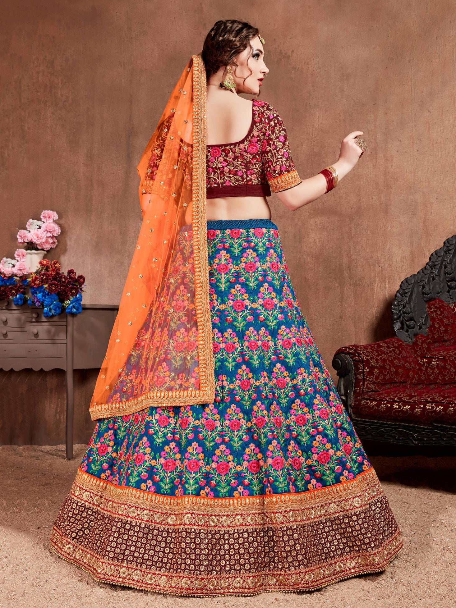 Navy Blue Lehenga Choli With Thread, Dori, Zari, Sequins Embroidery With Stone Work
