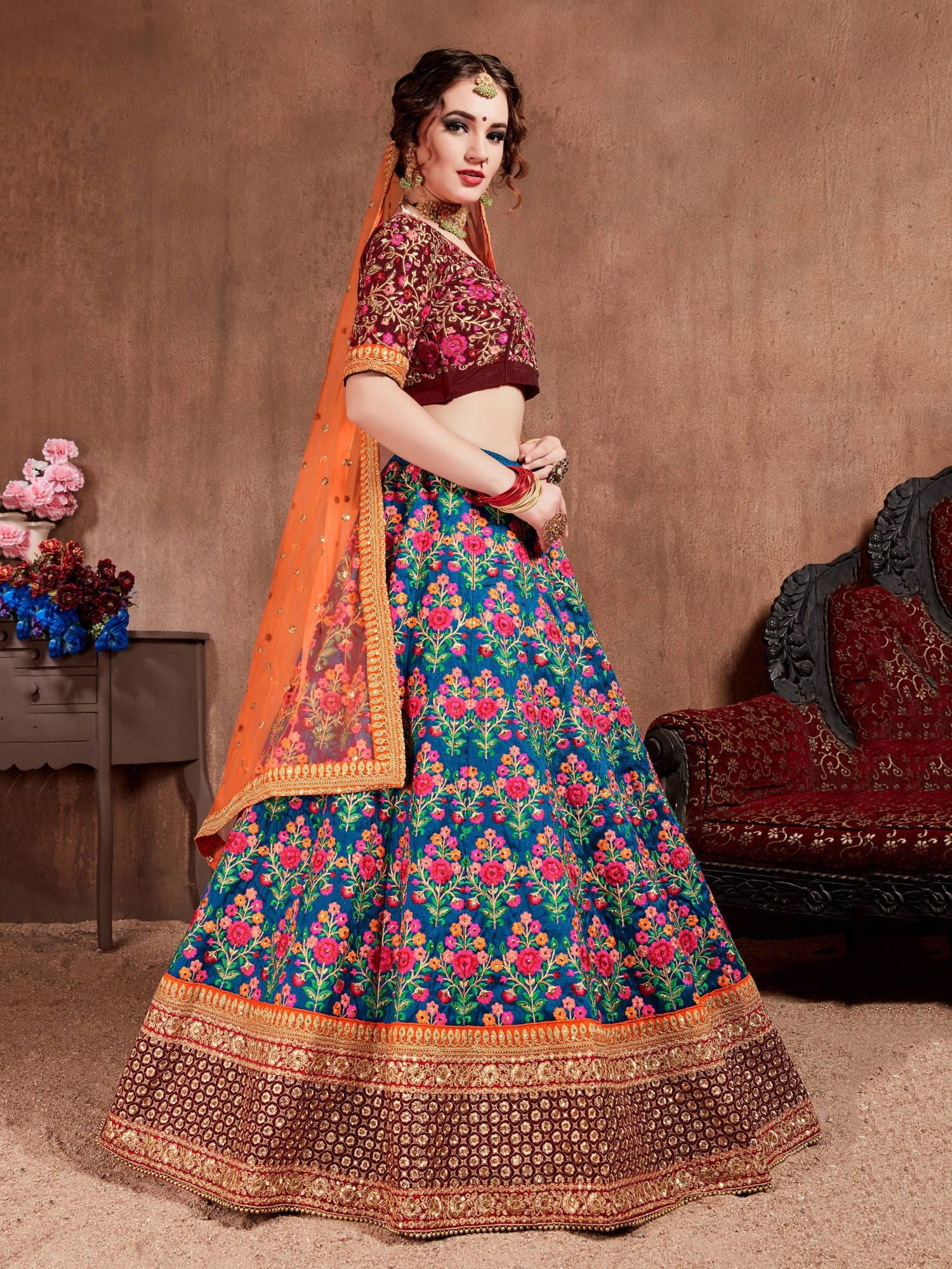 Navy Blue Lehenga Choli With Thread, Dori, Zari, Sequins Embroidery With Stone Work