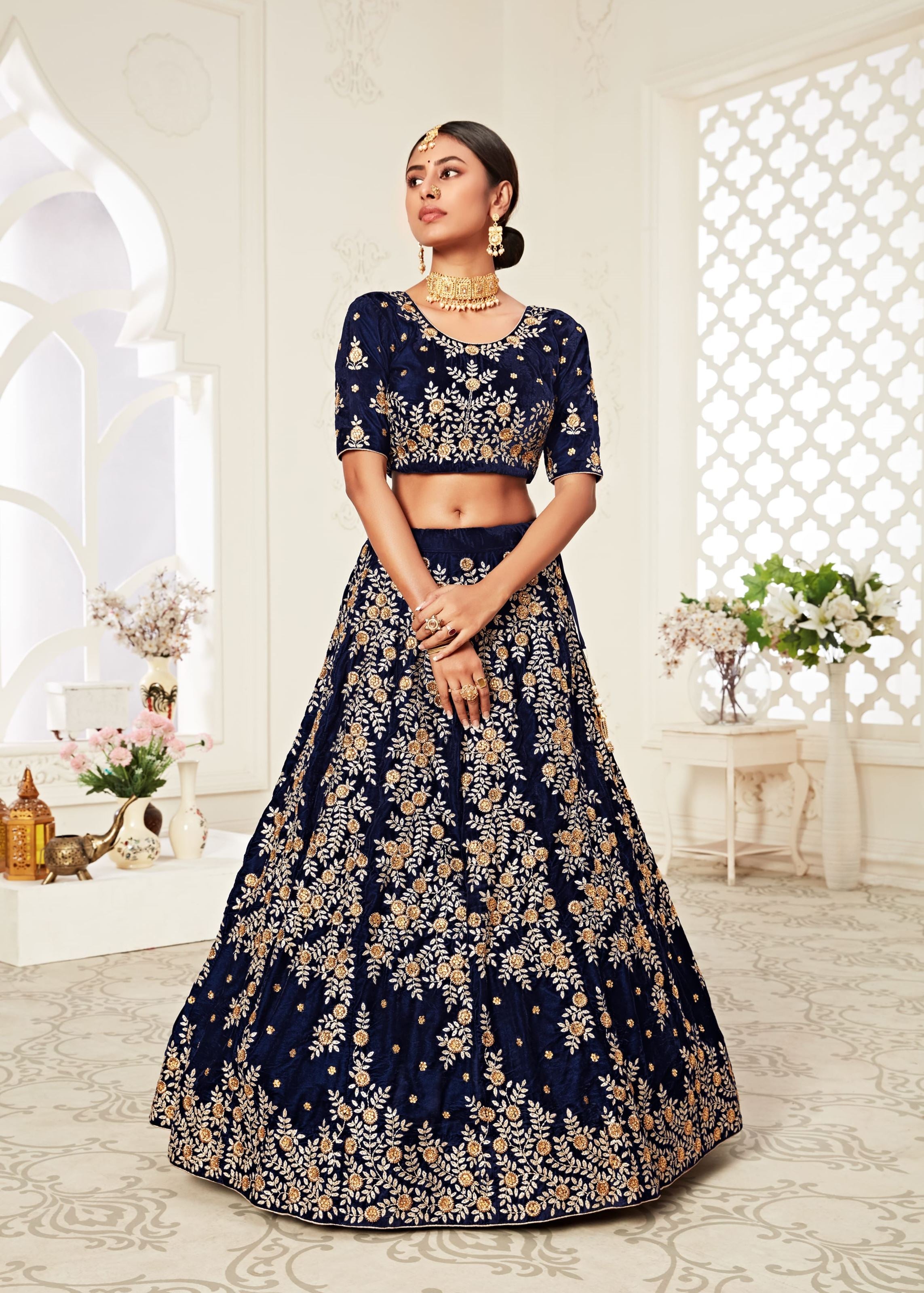 Navy Blue Lehenga Choli With Thread, Zari Embroidery With Diamond Work
