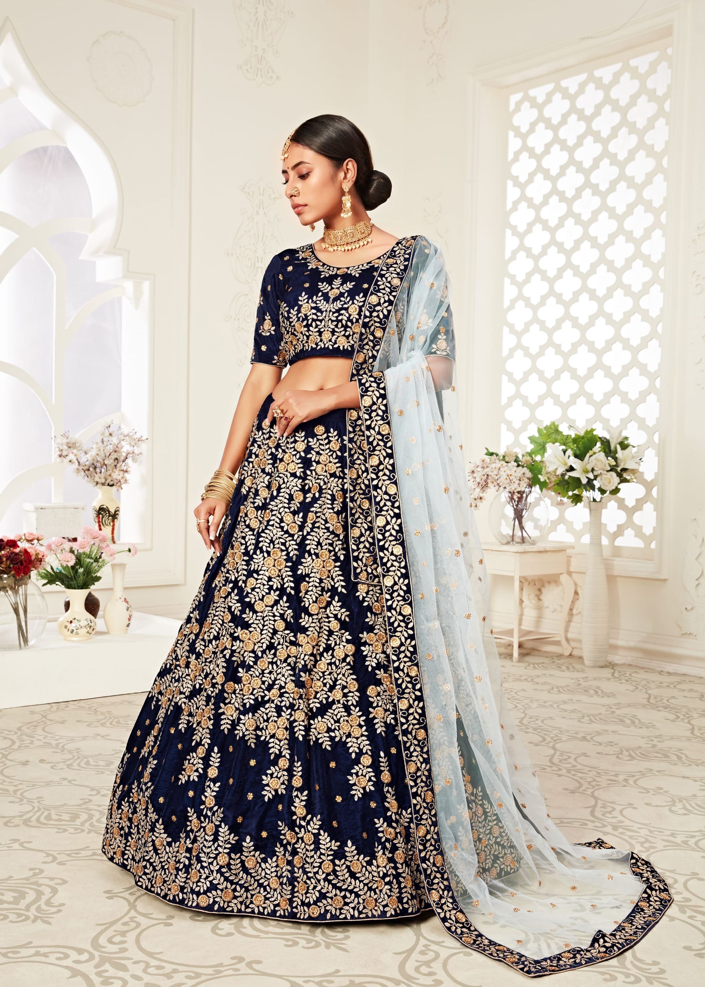 Navy Blue Lehenga Choli With Thread, Zari Embroidery With Diamond Work