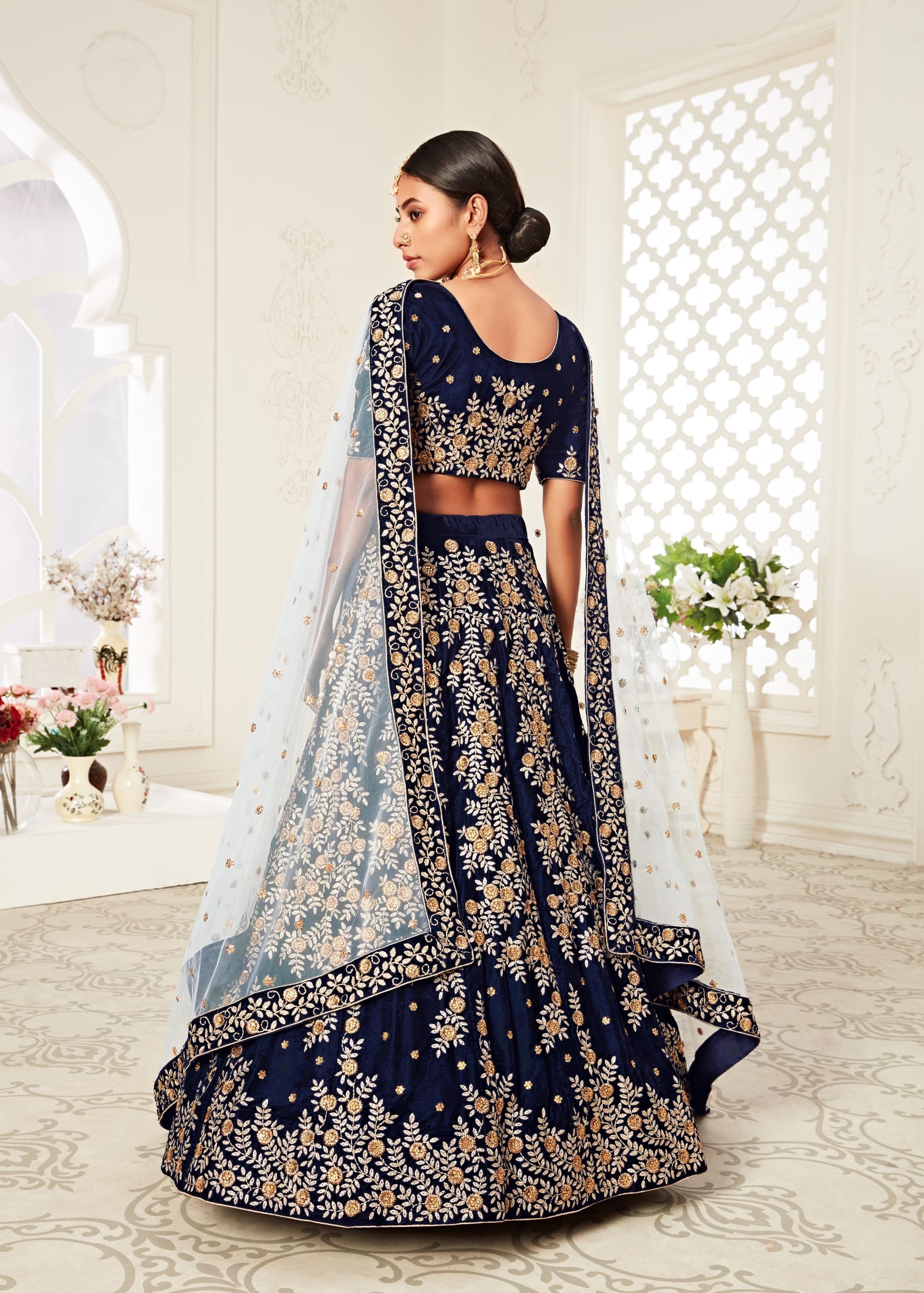 Navy Blue Lehenga Choli With Thread, Zari Embroidery With Diamond Work