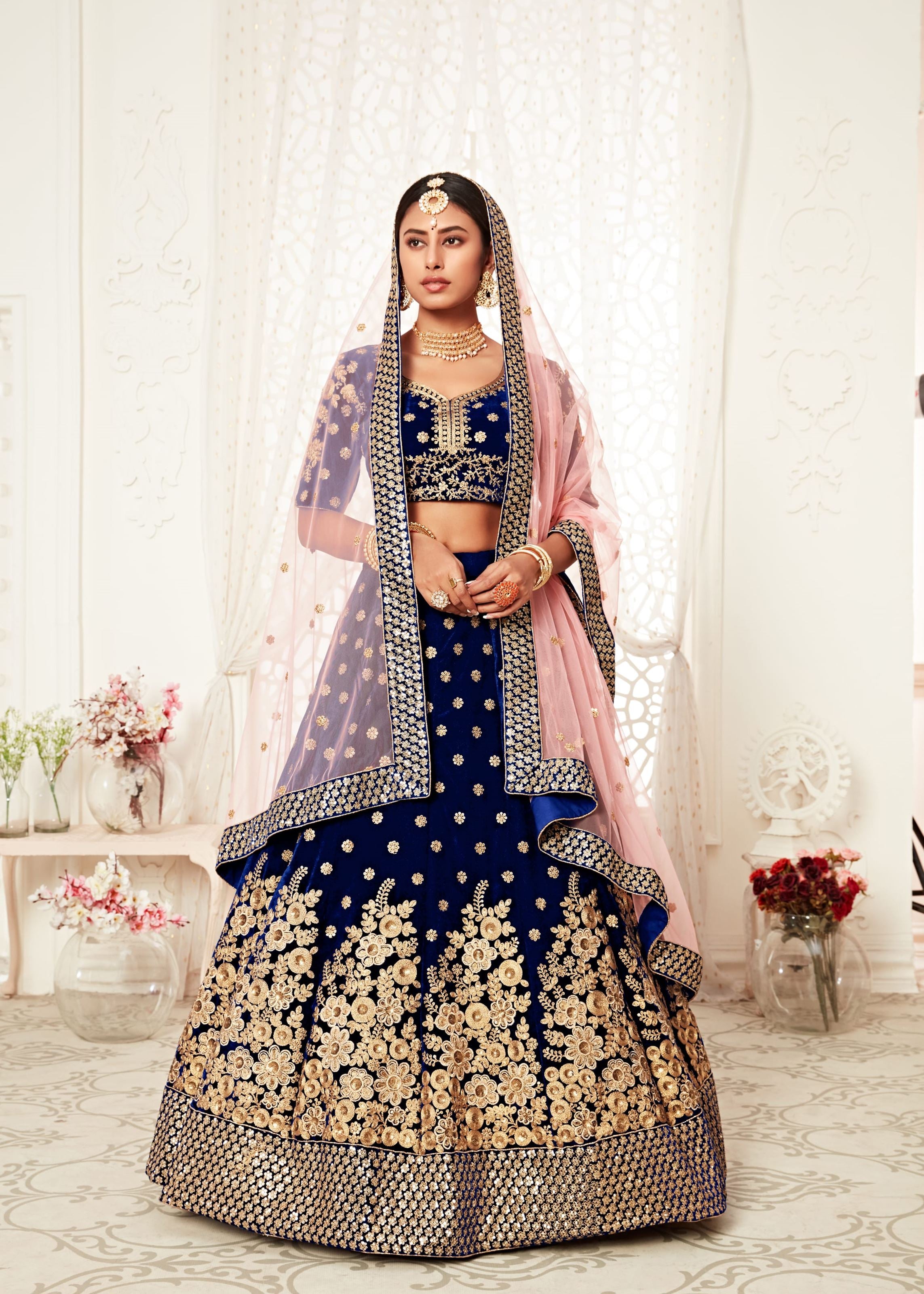 Navy Blue Lehenga Choli With Thread, Zari, Dori And Sequins Embroidery Work