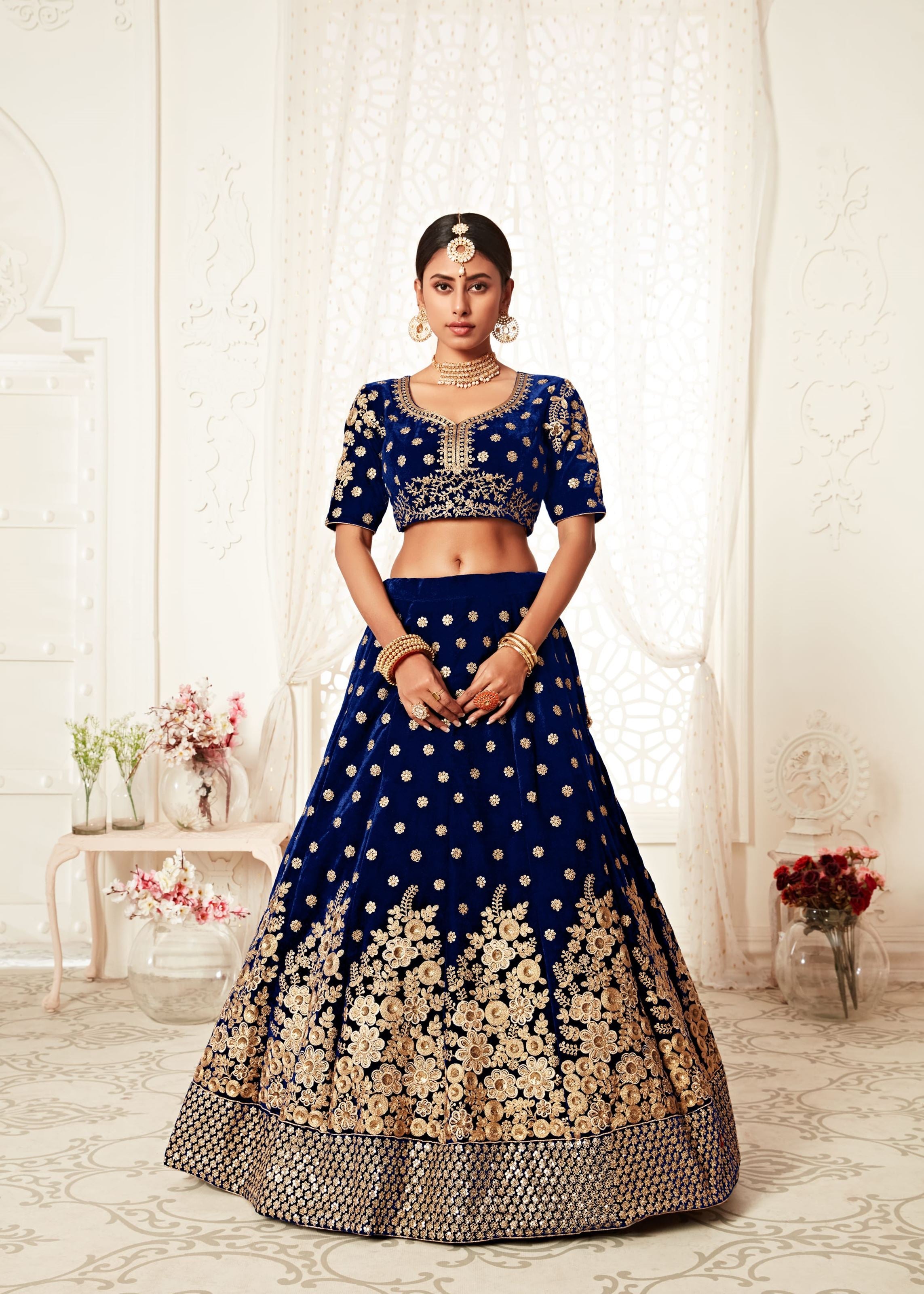 Navy Blue Lehenga Choli With Thread, Zari, Dori And Sequins Embroidery Work