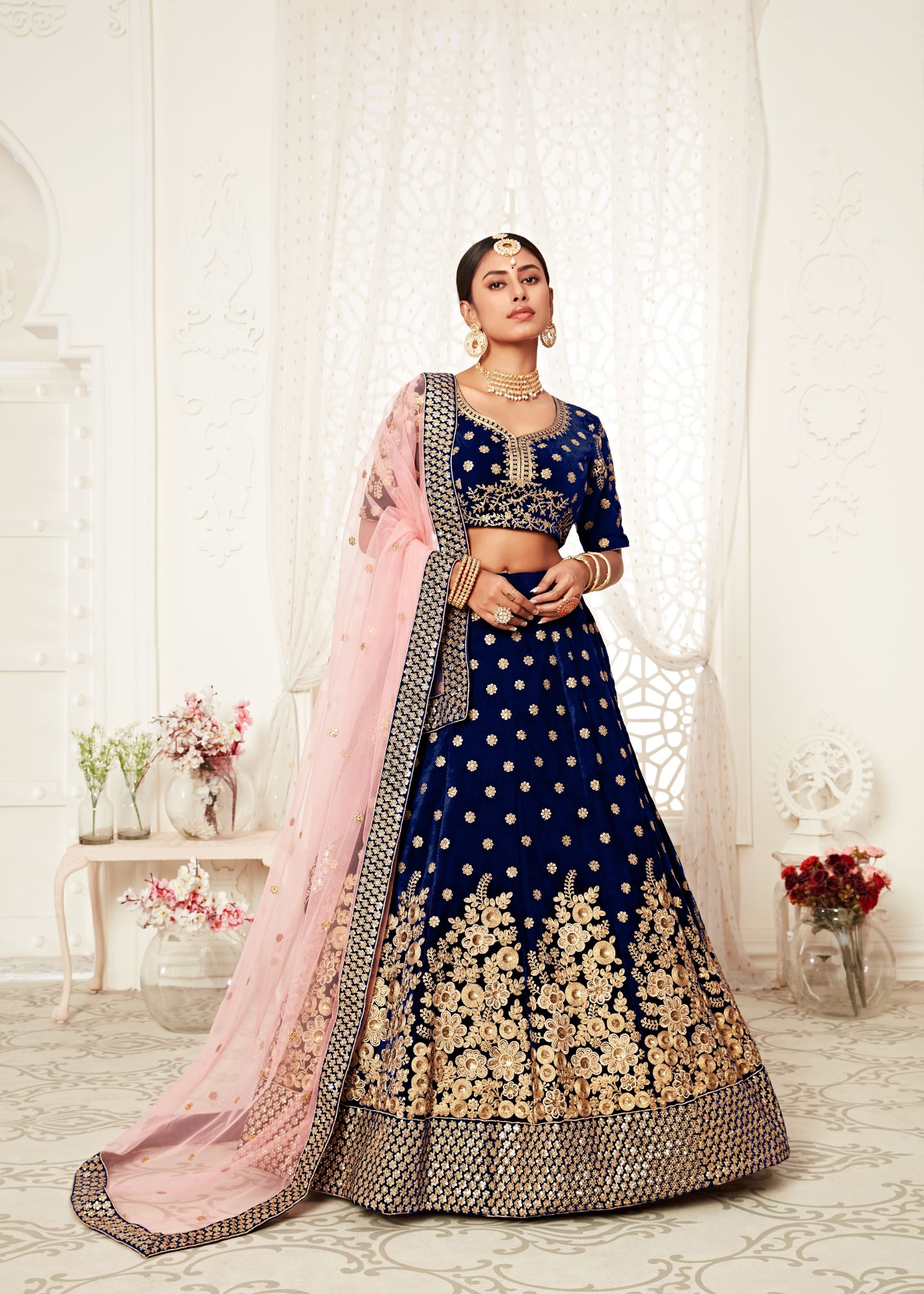 Navy Blue Lehenga Choli With Thread, Zari, Dori And Sequins Embroidery Work