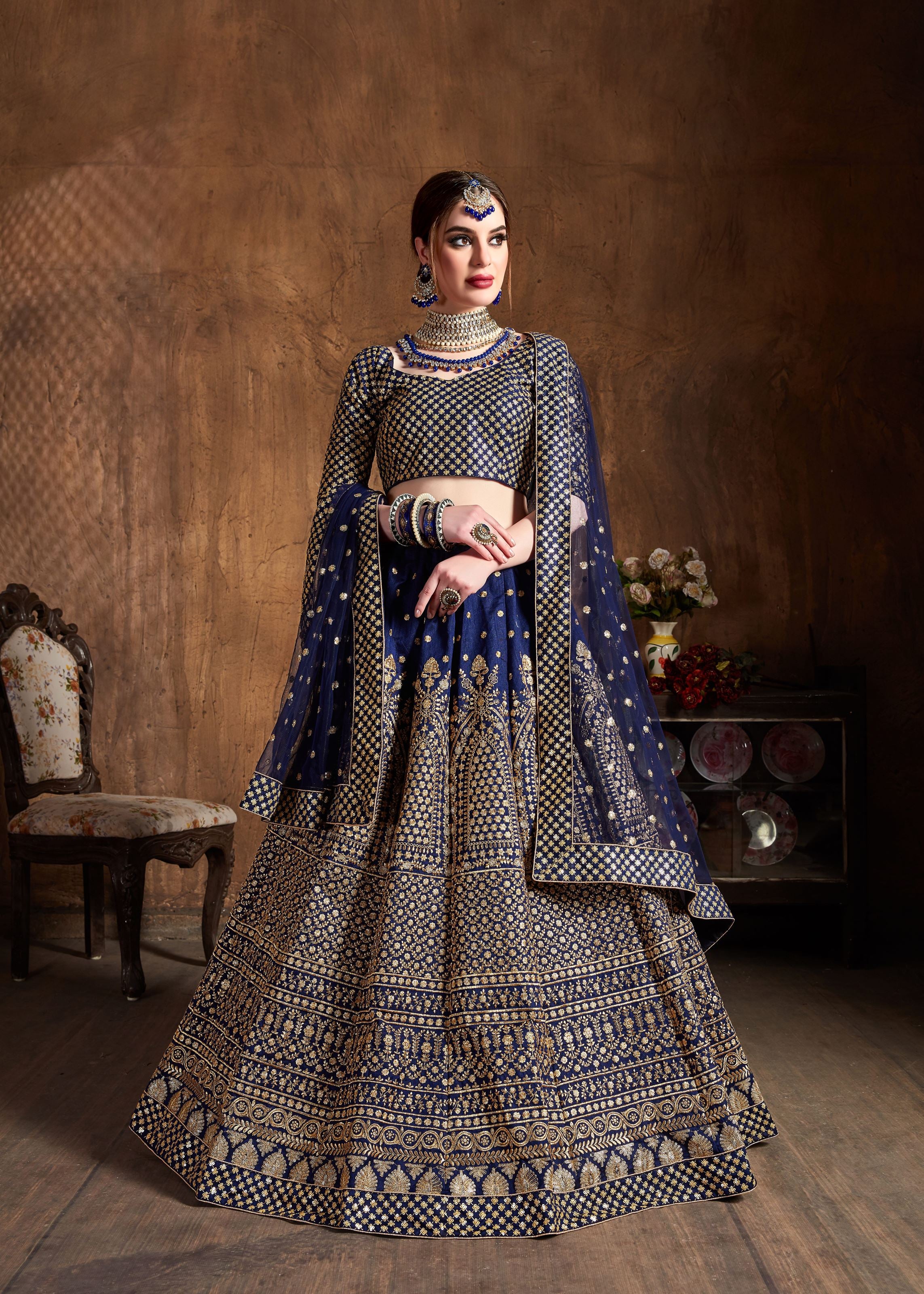 Navy Blue Lehenga Choli With Zari And Glitter Sequins Embroidery