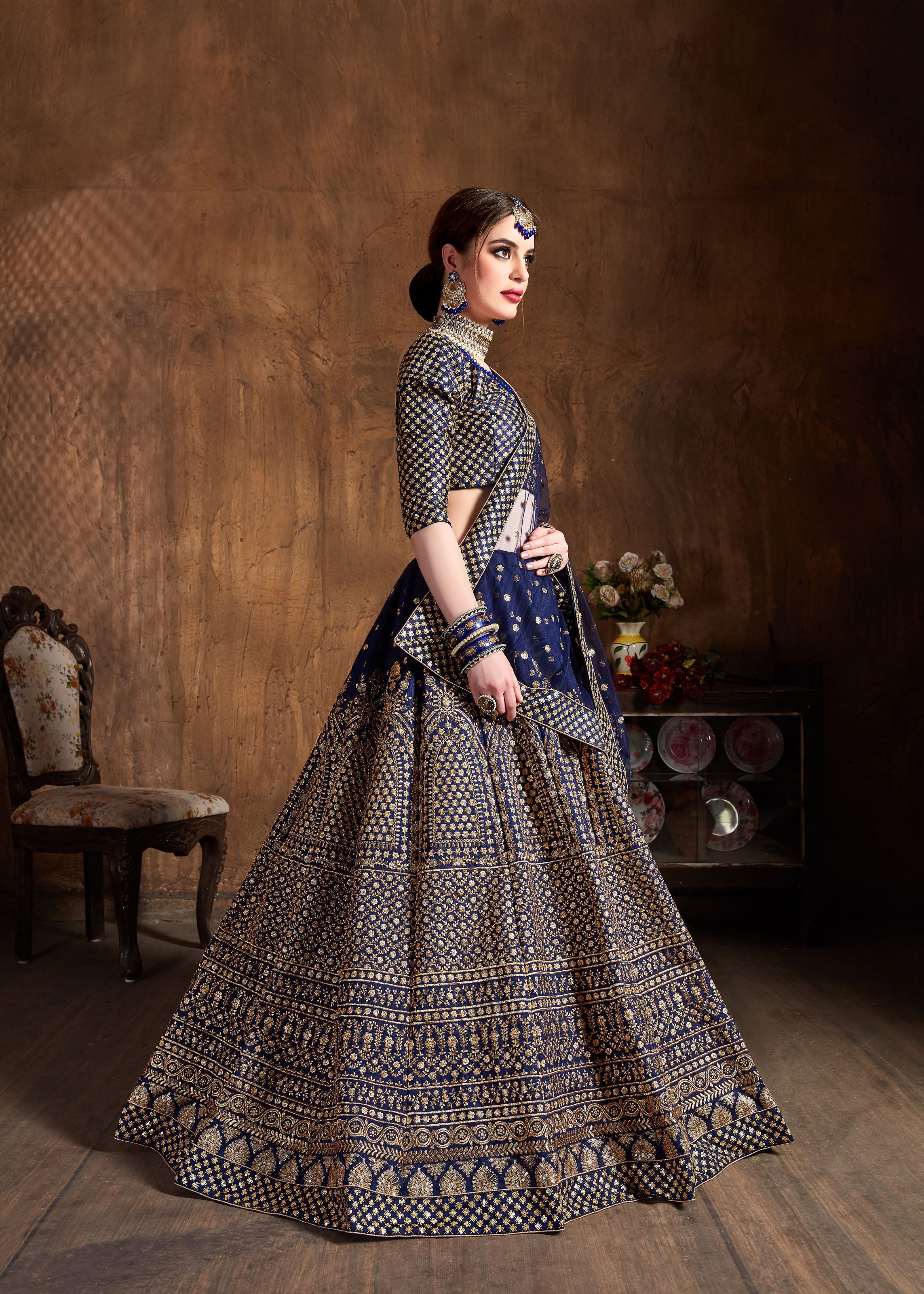 Navy Blue Lehenga Choli With Zari And Glitter Sequins Embroidery