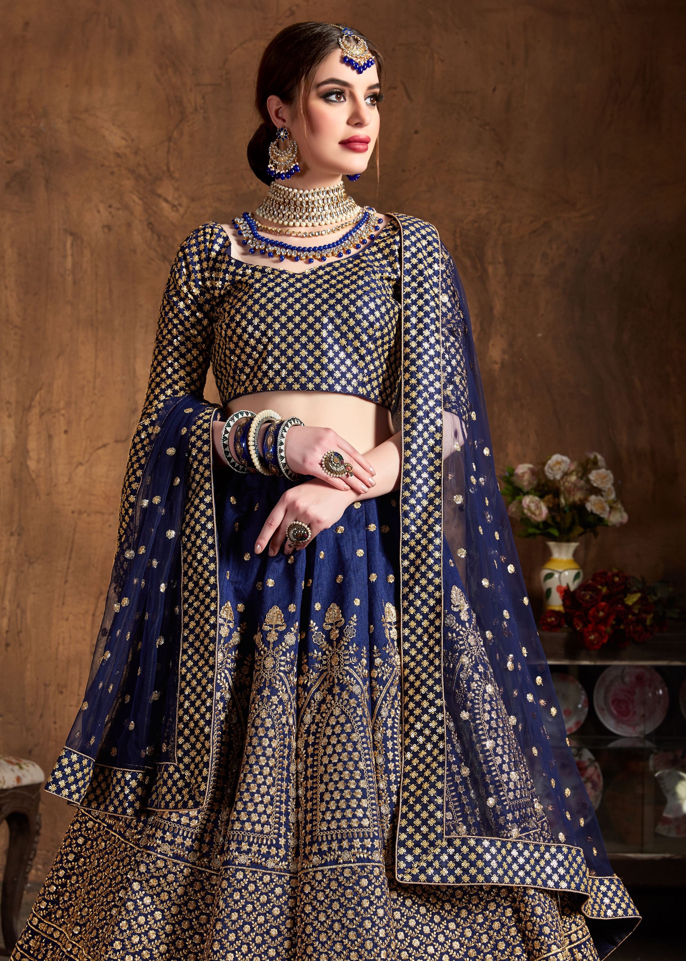 Navy Blue Lehenga Choli With Zari And Glitter Sequins Embroidery