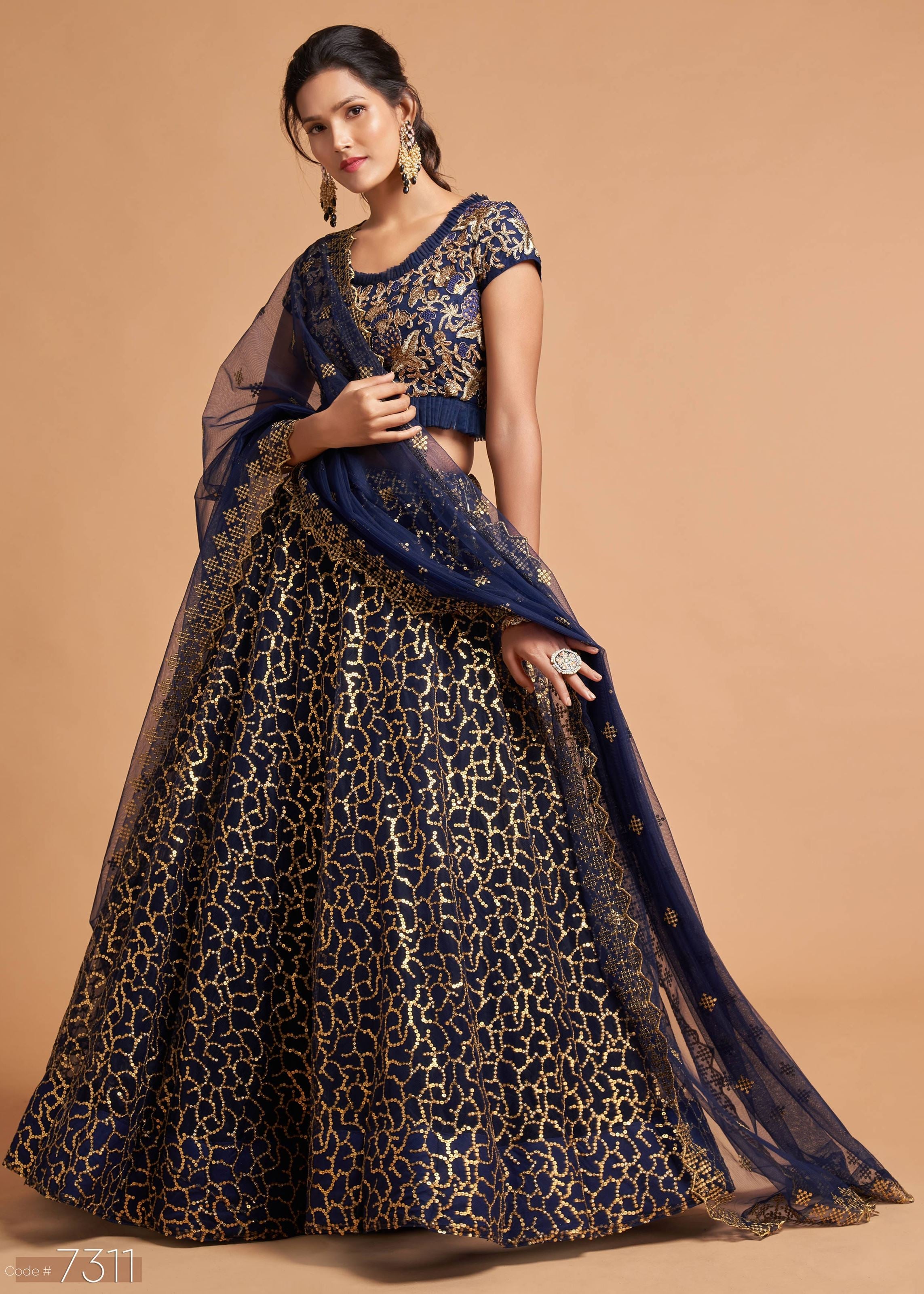 Navy Blue Lehenga Choli With Zari, Badla, Dori And Threads Embroidery Work