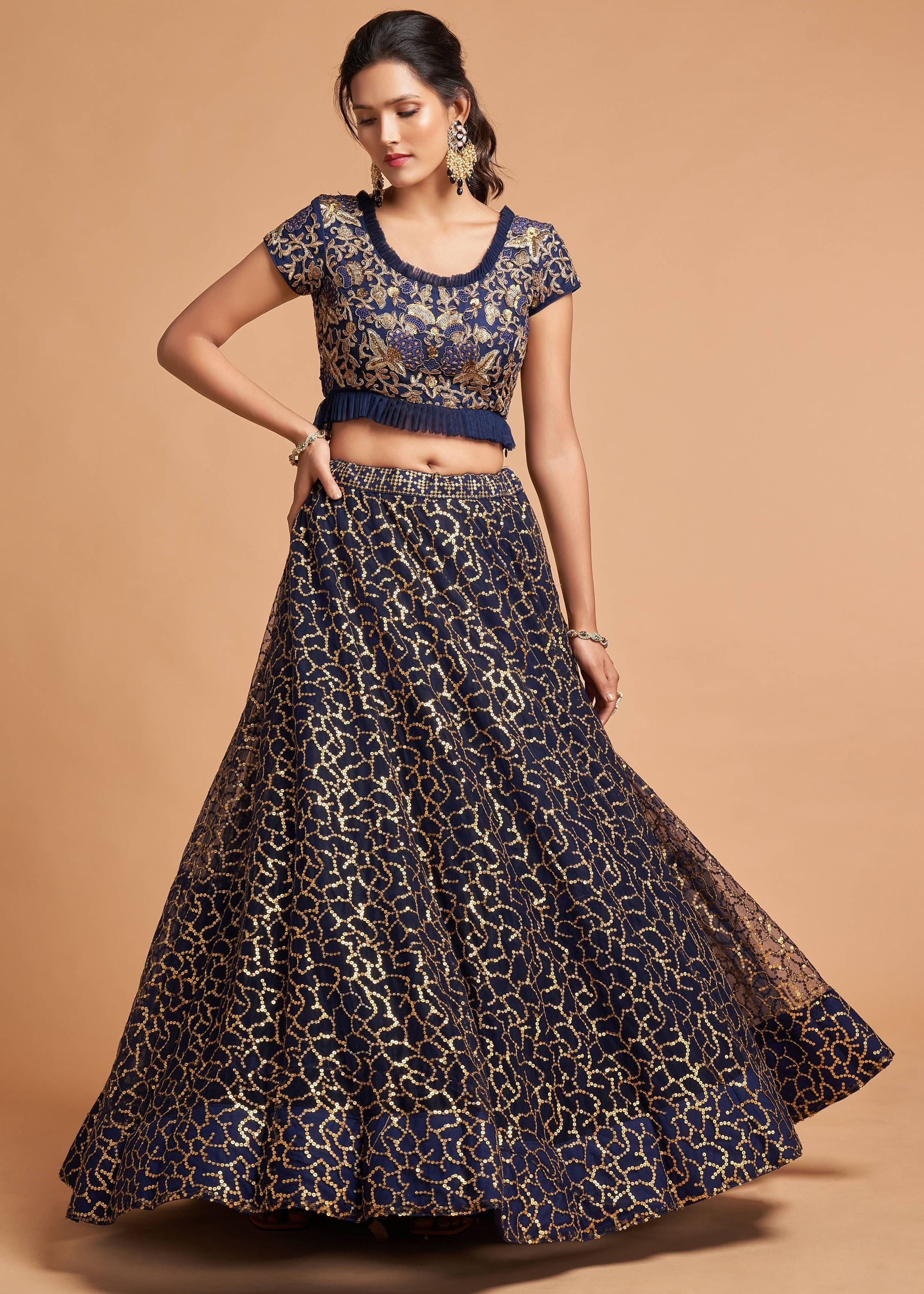 Navy Blue Lehenga Choli With Zari, Badla, Dori And Threads Embroidery Work