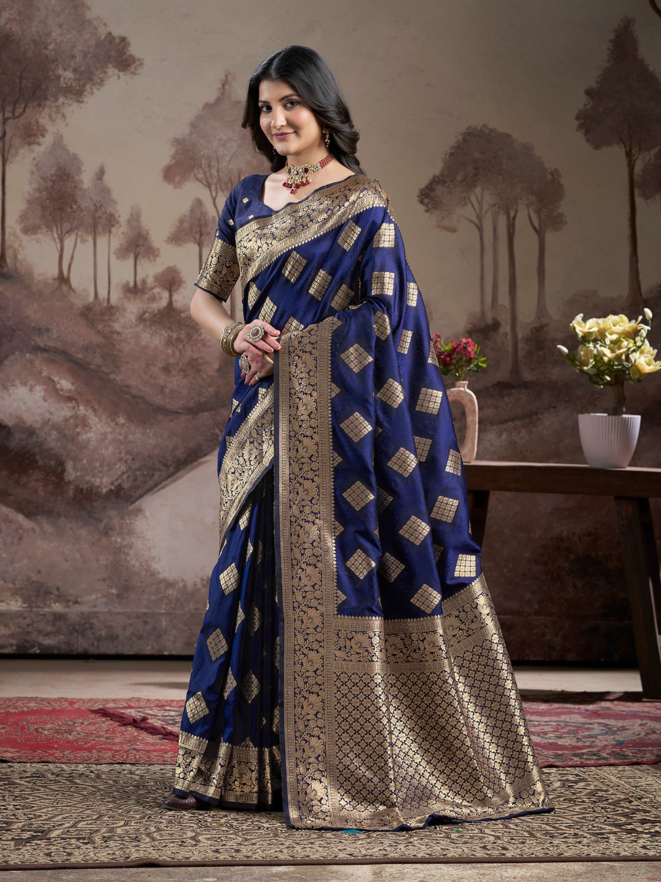 Navy Blue Lichi Silk Woven Rich Pallu Designer Heavy Partywear Saree