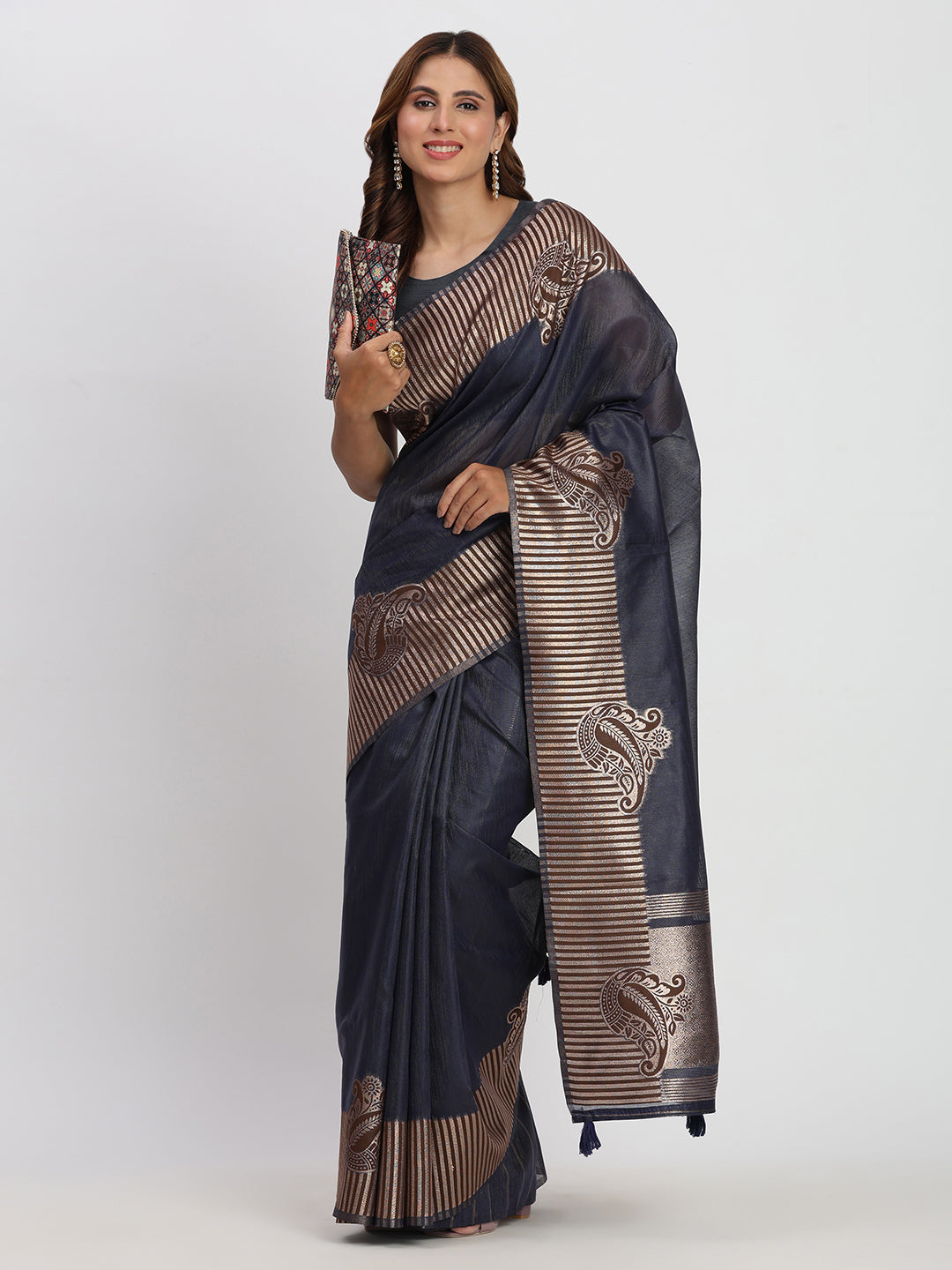 Navy Blue Linen Cotton Woven Galla Designer Traditional Partywear Saree