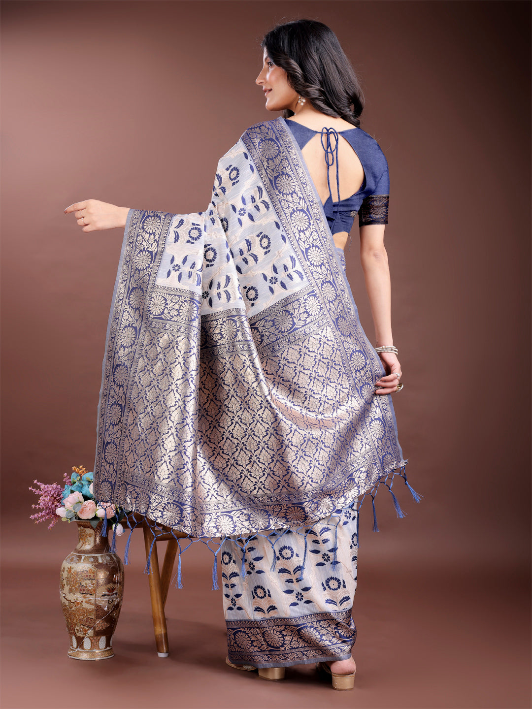Navy Blue Linen Cotton Woven Jacquard Designer Beautiful Festive Saree