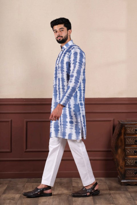 Navy Blue Linen Digital Printed Graceful Kurta Pajama