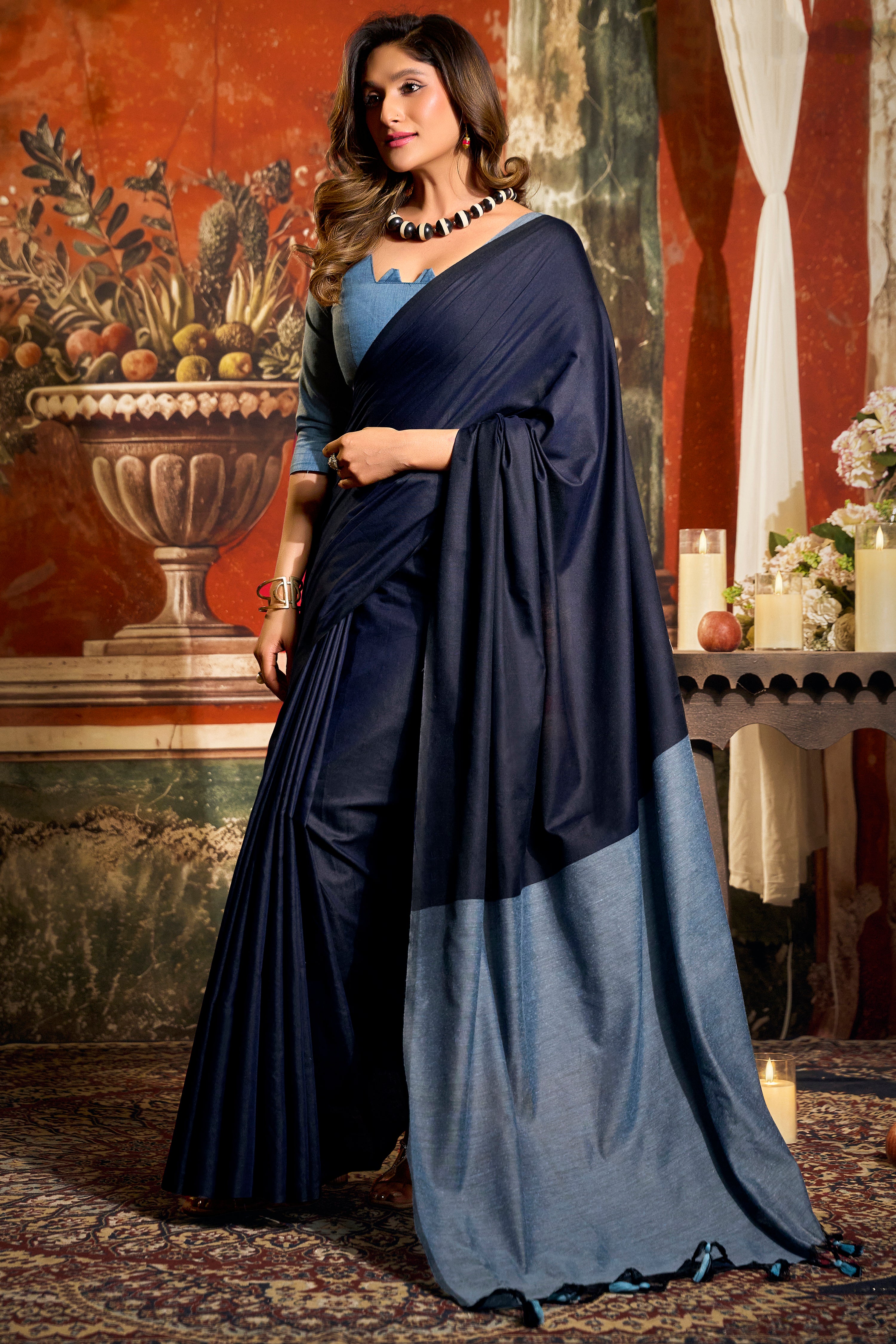 Navy Blue Mal Cotton Saree with Rich Contrast Pallu Tassels