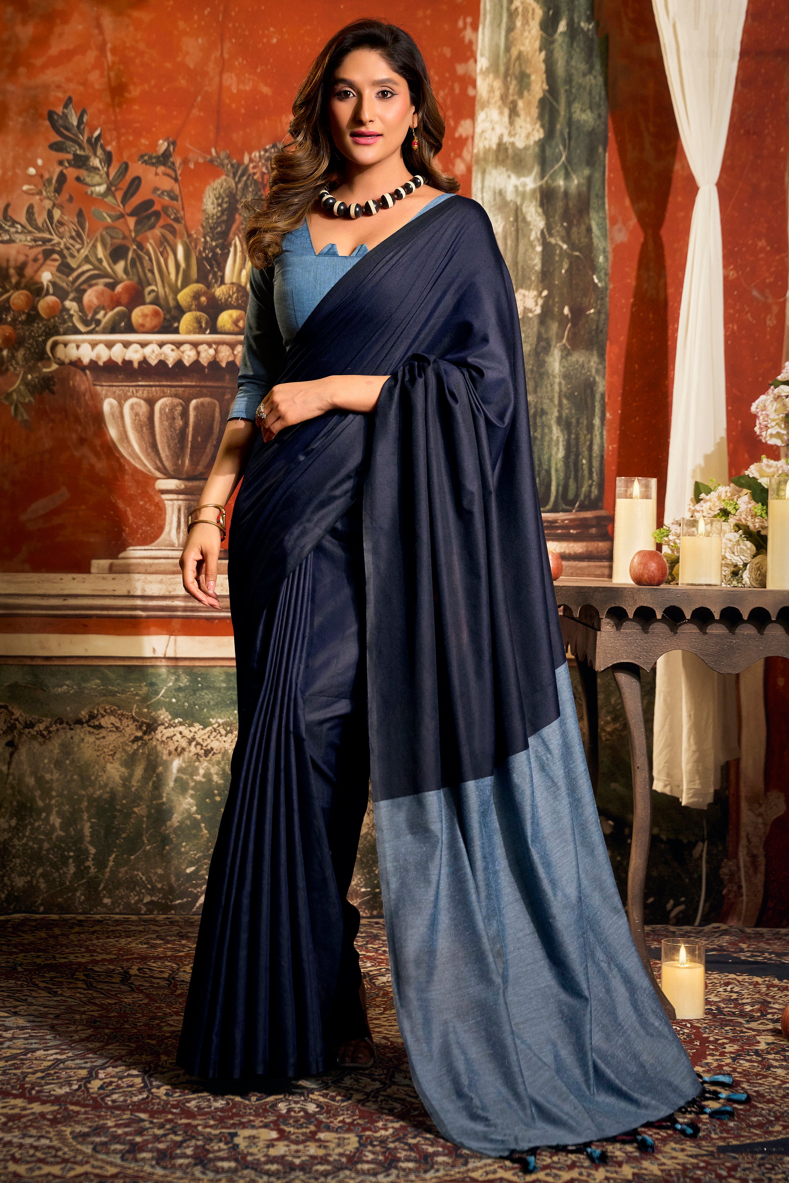Navy Blue Mal Cotton Saree with Rich Contrast Pallu Tassels
