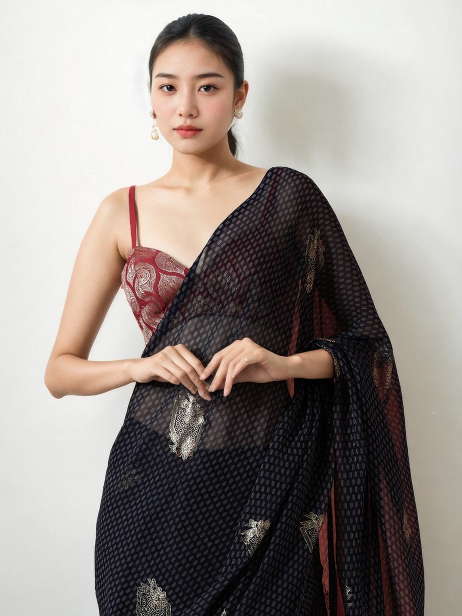 Navy Blue Marbel Chiffon Partywear Printed Girlie Ready To Wear Saree