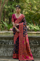 Navy Blue Pashmina Silk Saree with Floral Jal and Thread Pallu