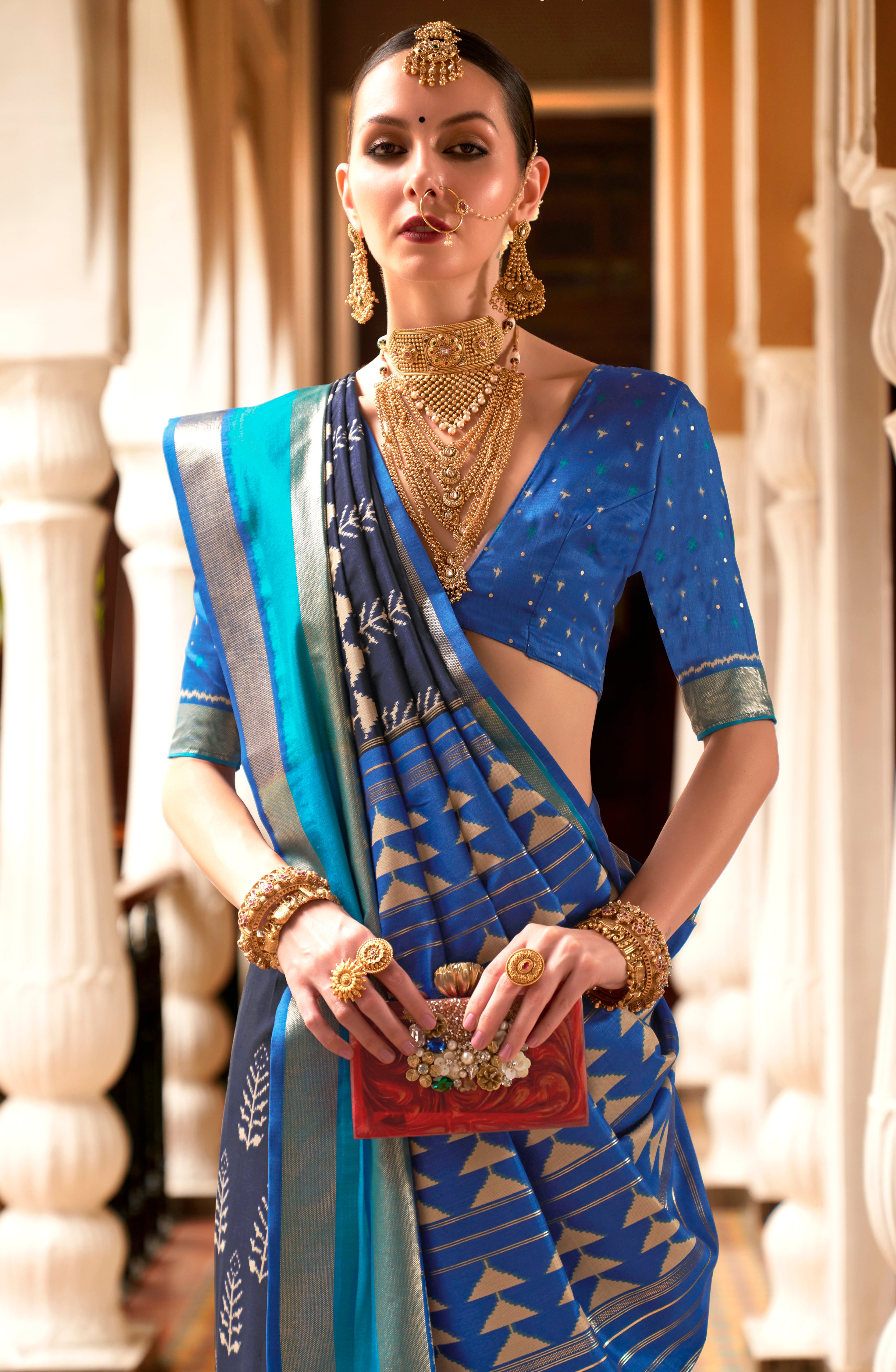 Navy Blue Patola Silk Saree with  Printed
