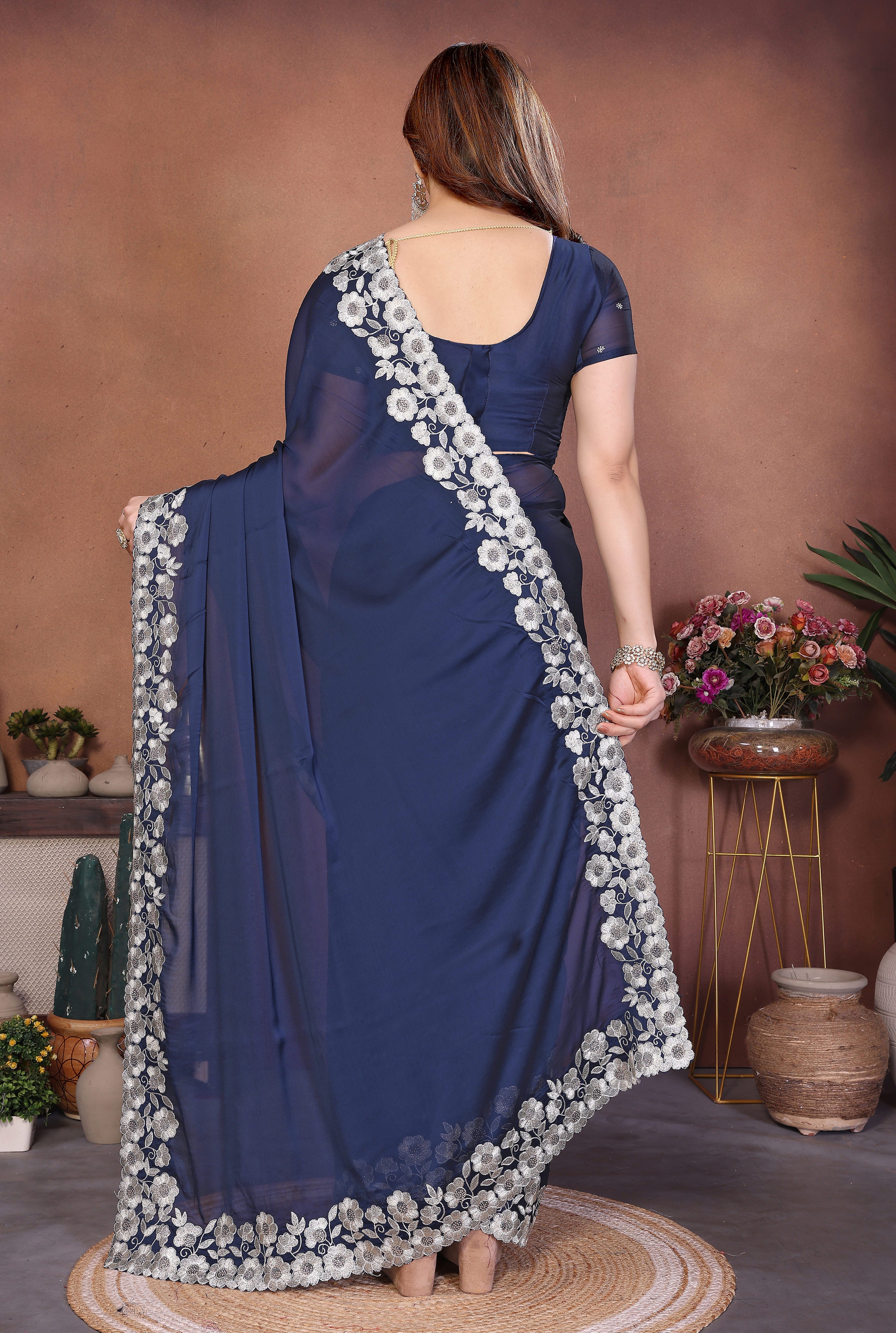 Navy Blue Rangoli Silk Saree with Heavy Traditional Embroidery