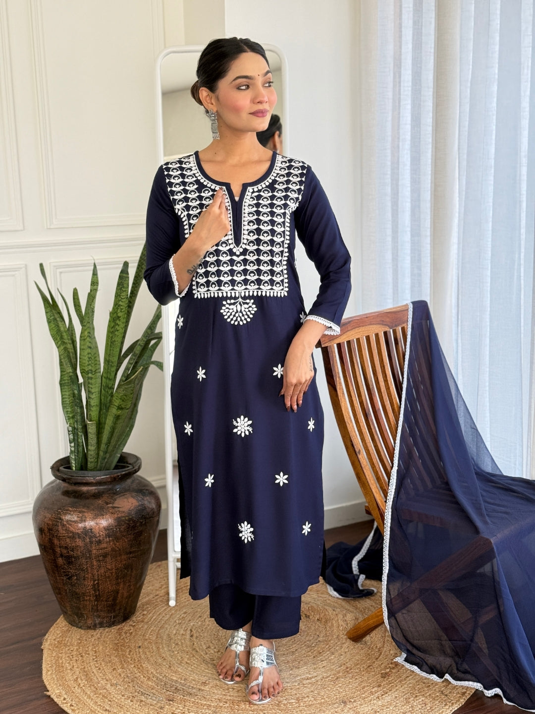 Navy Blue Rayon Elegant Kurta Pant Set With Thread Work