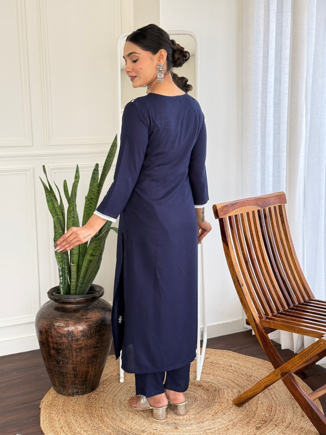 Navy Blue Rayon Elegant Kurta Pant Set With Thread Work