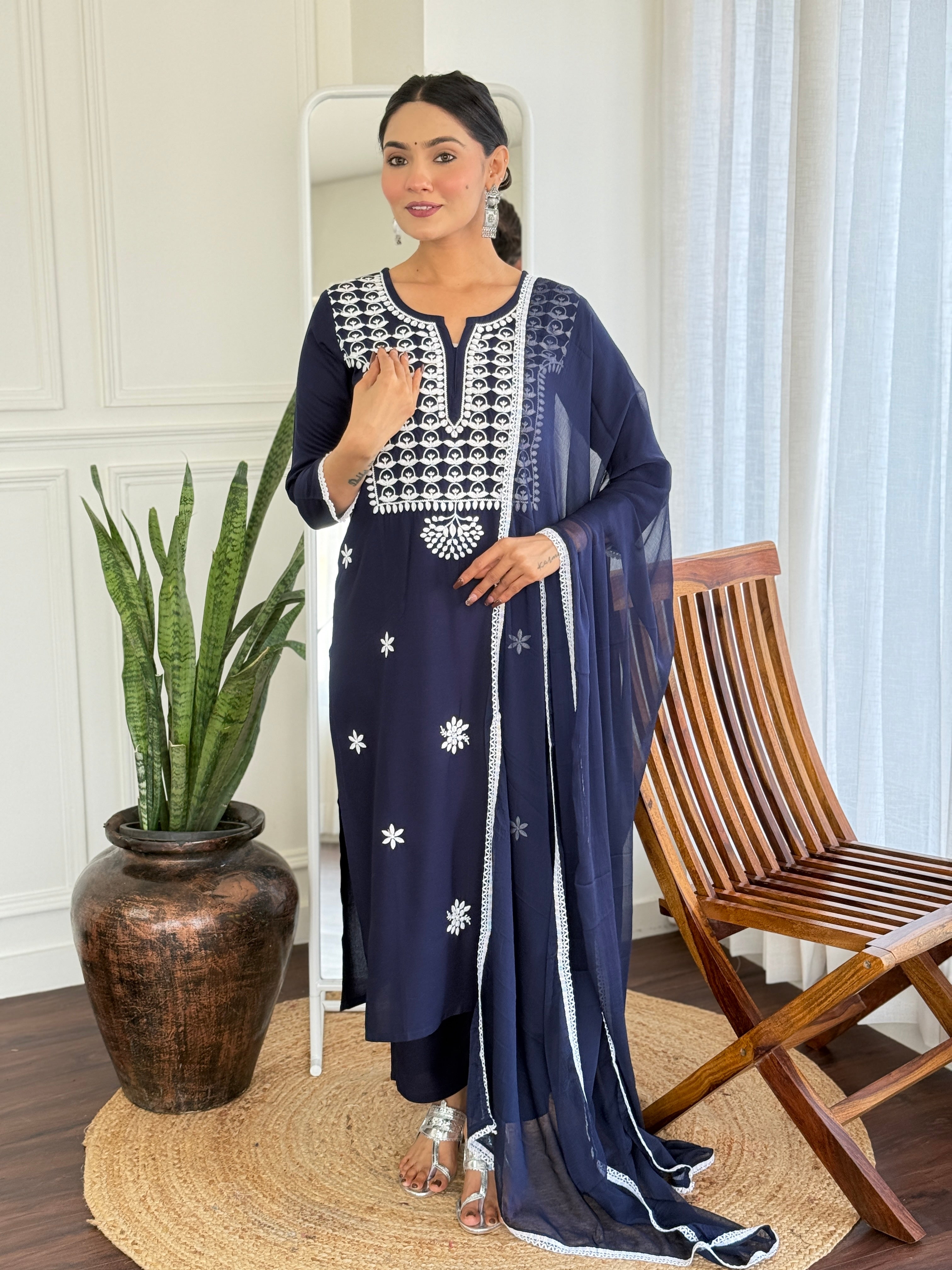 Navy Blue Rayon Elegant Kurta Pant Set With Thread Work