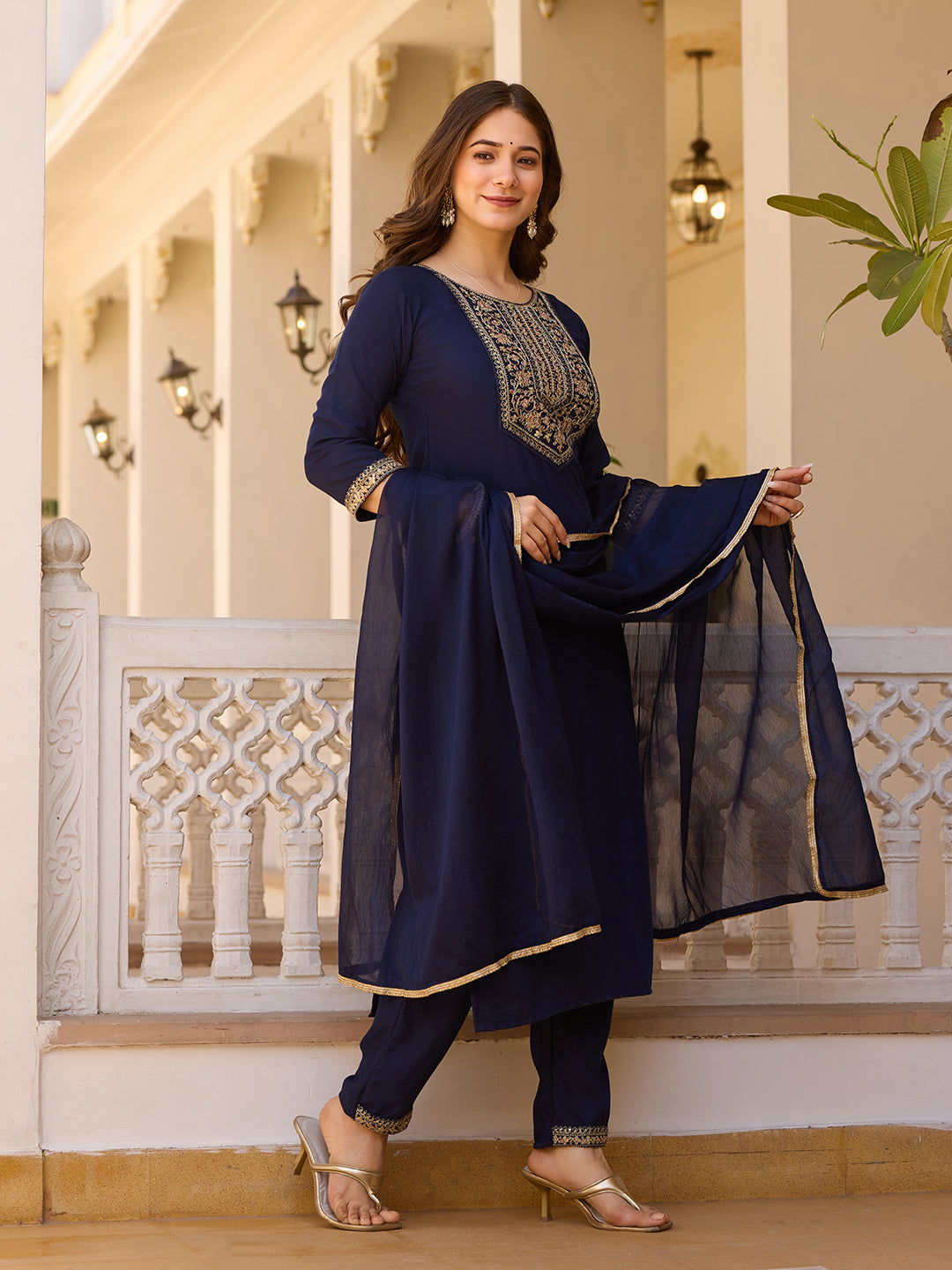 Navy Blue Rayon Kurta Pant Set With Thread Embroidered With Sequins Work