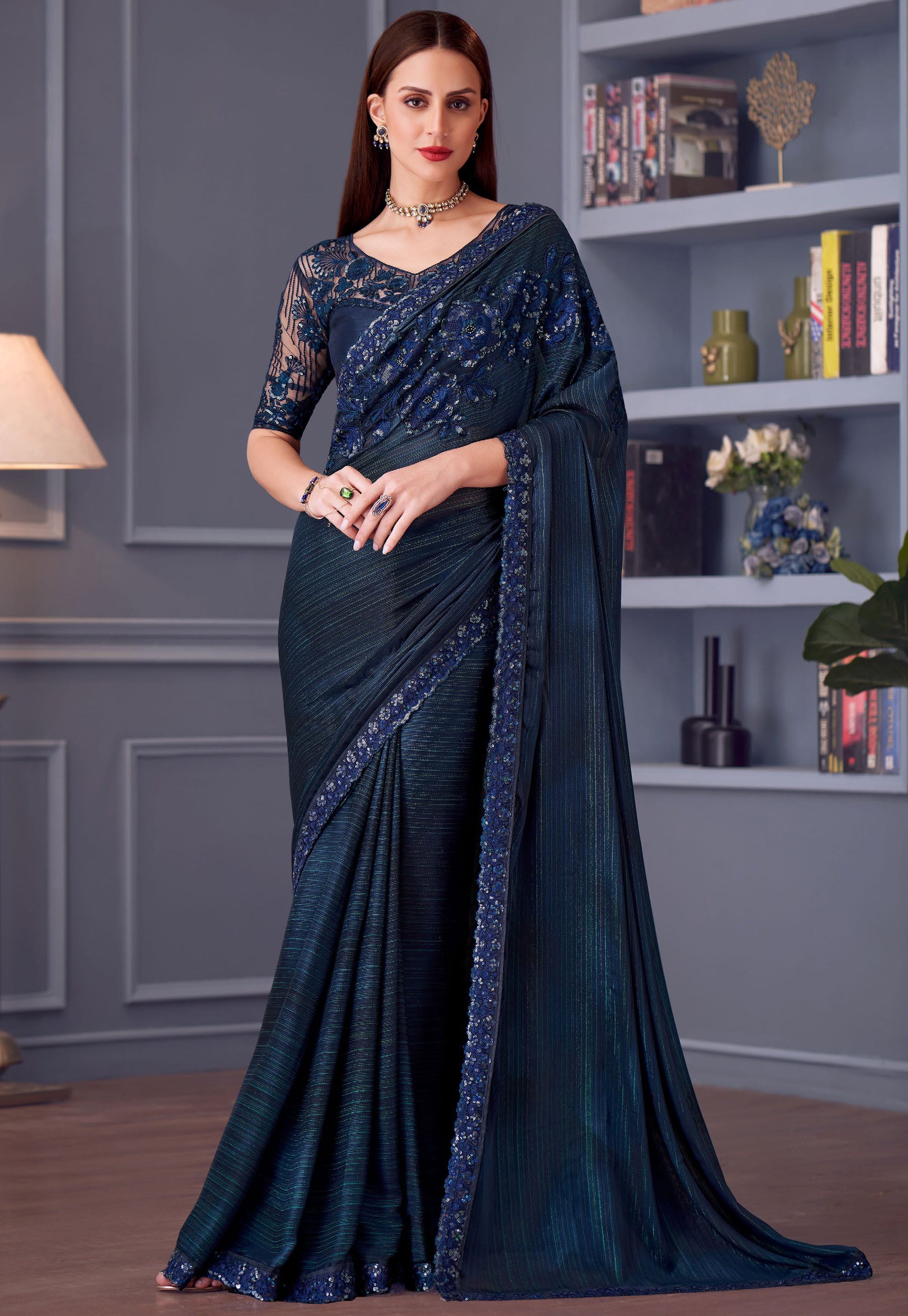 Navy Blue Saree With  Heavy Thread Embroidery Sequins Work
