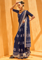 Navy Blue Saree With Printed Work