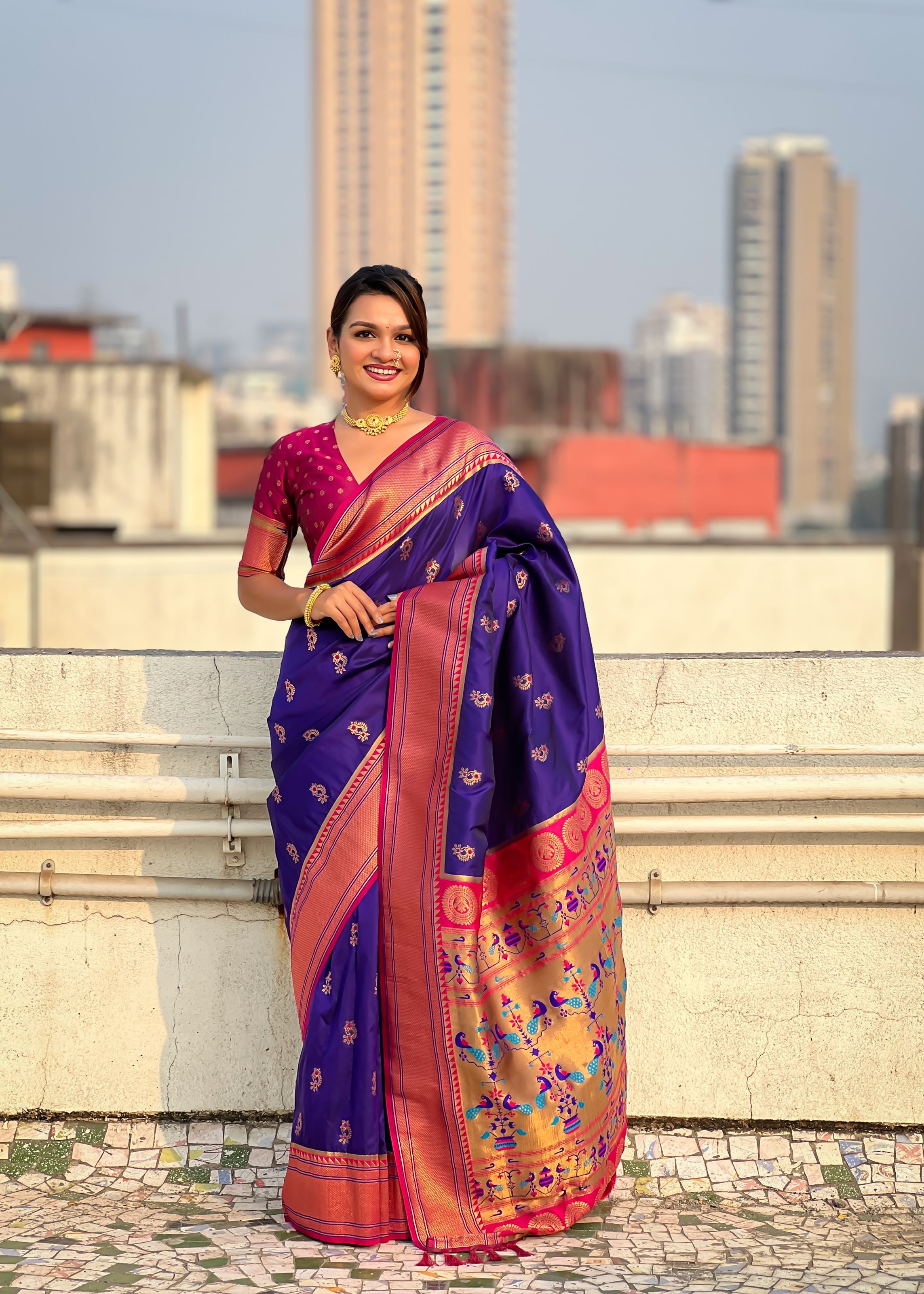Navy Blue Silk Blend Paithani Saree With Woven Work