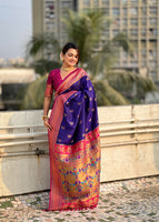 Navy Blue Silk Blend Paithani Saree With Woven Work