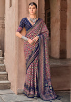 Navy Blue Silk Saree With  Ajrakh Print