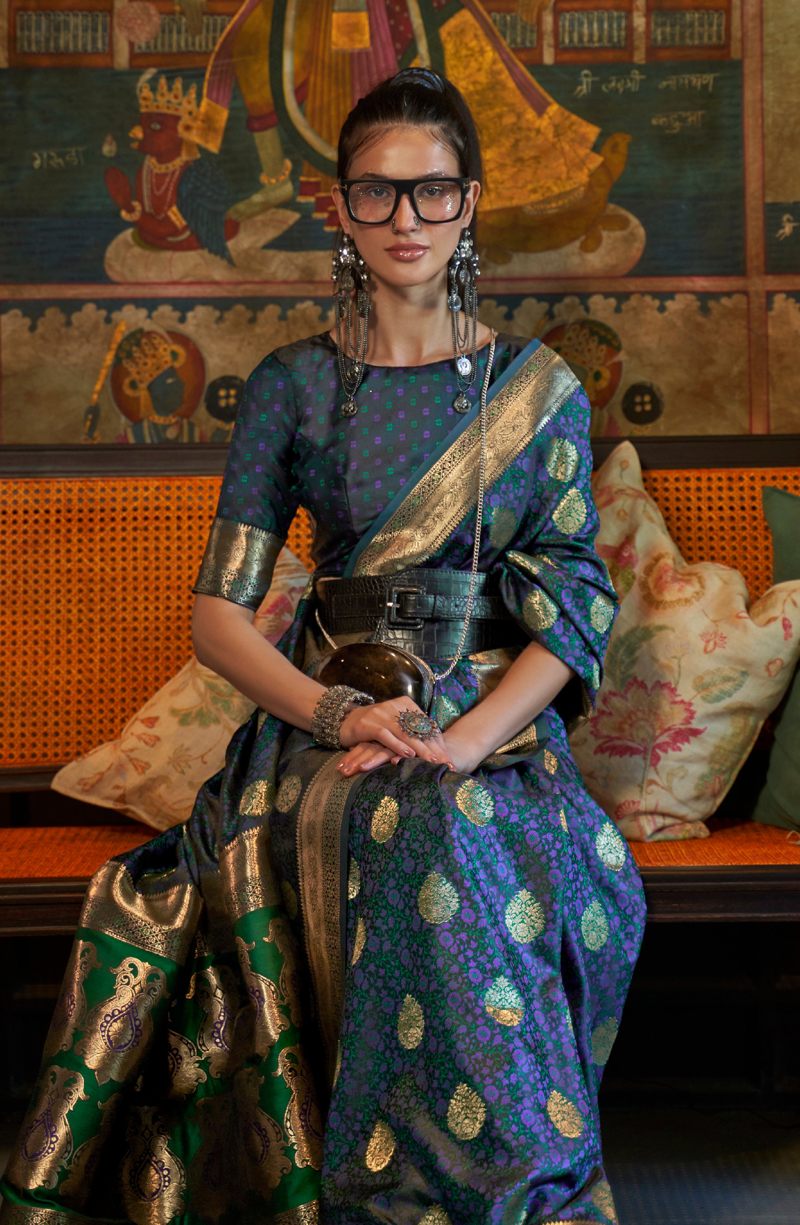 Navy Blue Silk Saree with  Jacquard Woven Work