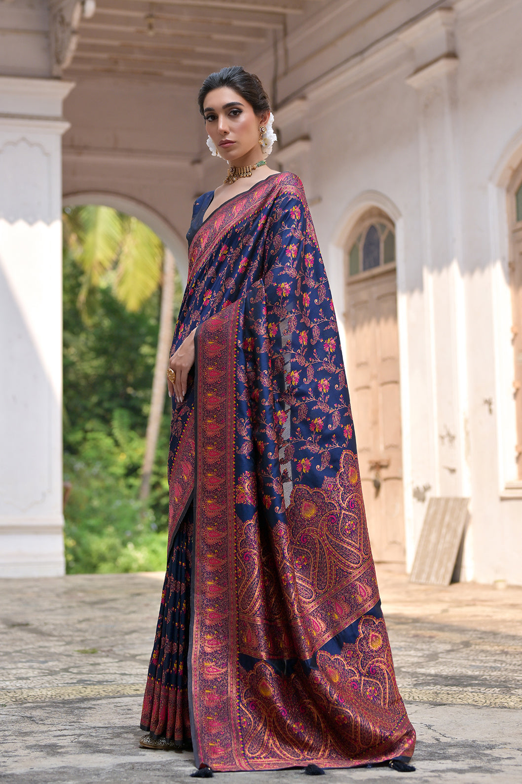 Navy Blue Silk Saree with Thread Jal and Floral Weaves