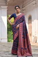 Navy Blue Silk Saree with Thread Jal and Floral Weaves
