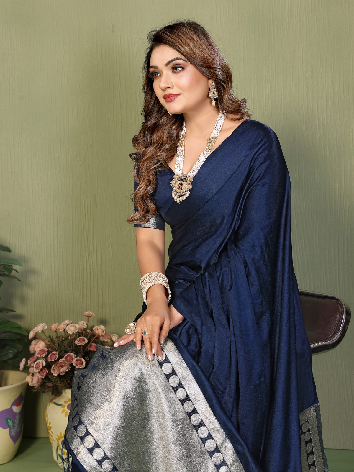 Navy Blue Soft Satin Silk Saree With Classic Zari Weaving